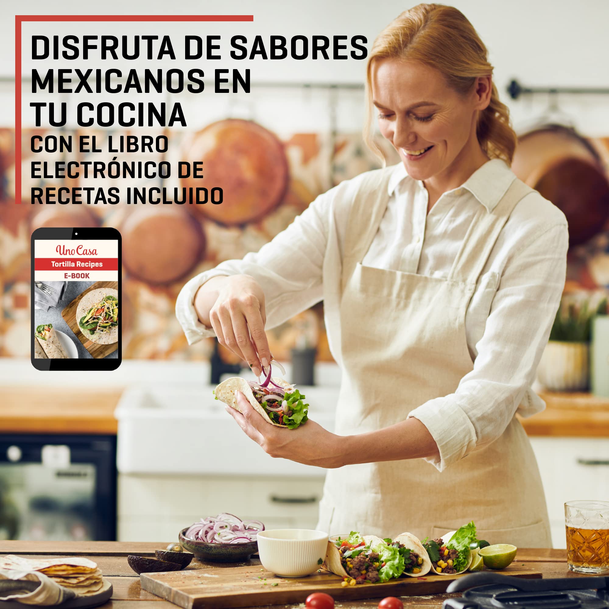 Uno Casa Prensa de tortilla de hierro fundido, 8 pulgadas, máquina de tortillas presazonadas para tortillas de maíz con 100 piezas de papel pergamino – Máquina Roti Maker Chapati, prensa de tacos,
