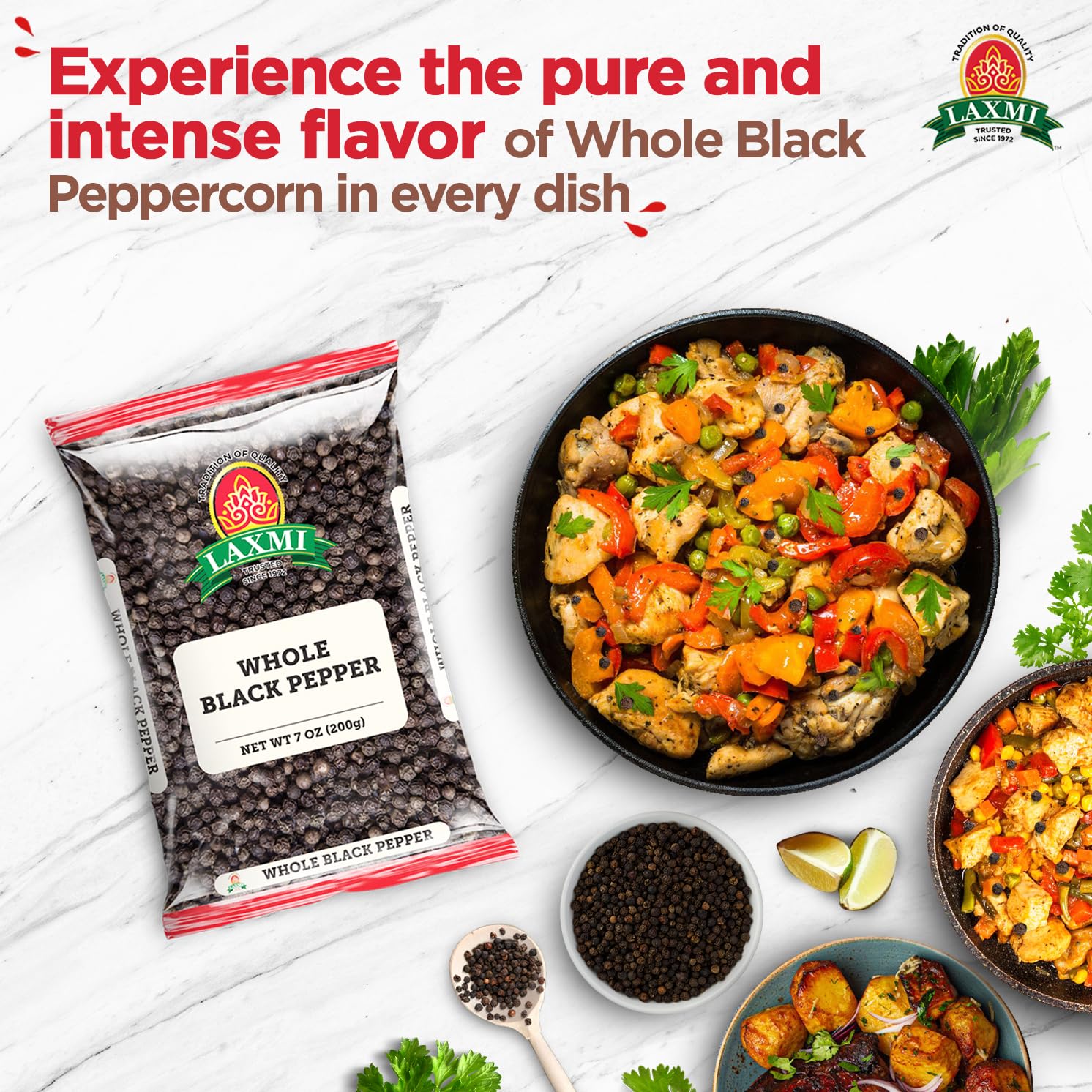 Laxmi Black Pepper Whole Peppercorns 200gm | Tellicherry Black Peppercorn | Premium quality and high value Peppercorns, black | Ethical sourced