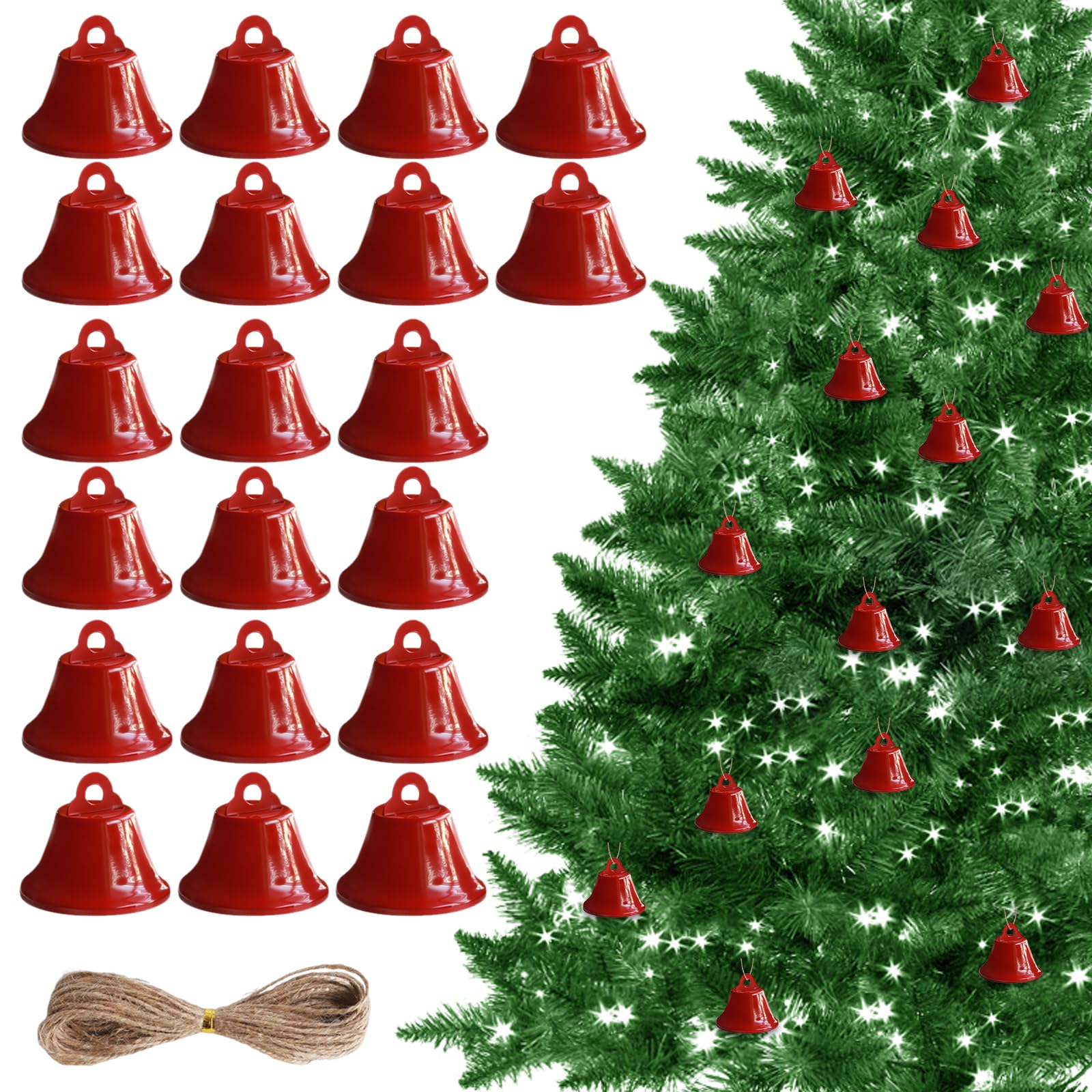 GmeDhc Pack of 20 Red Bells with 10 m Jute String for Crafts Christmas Decoration, Wind Chimes, Dog Training
