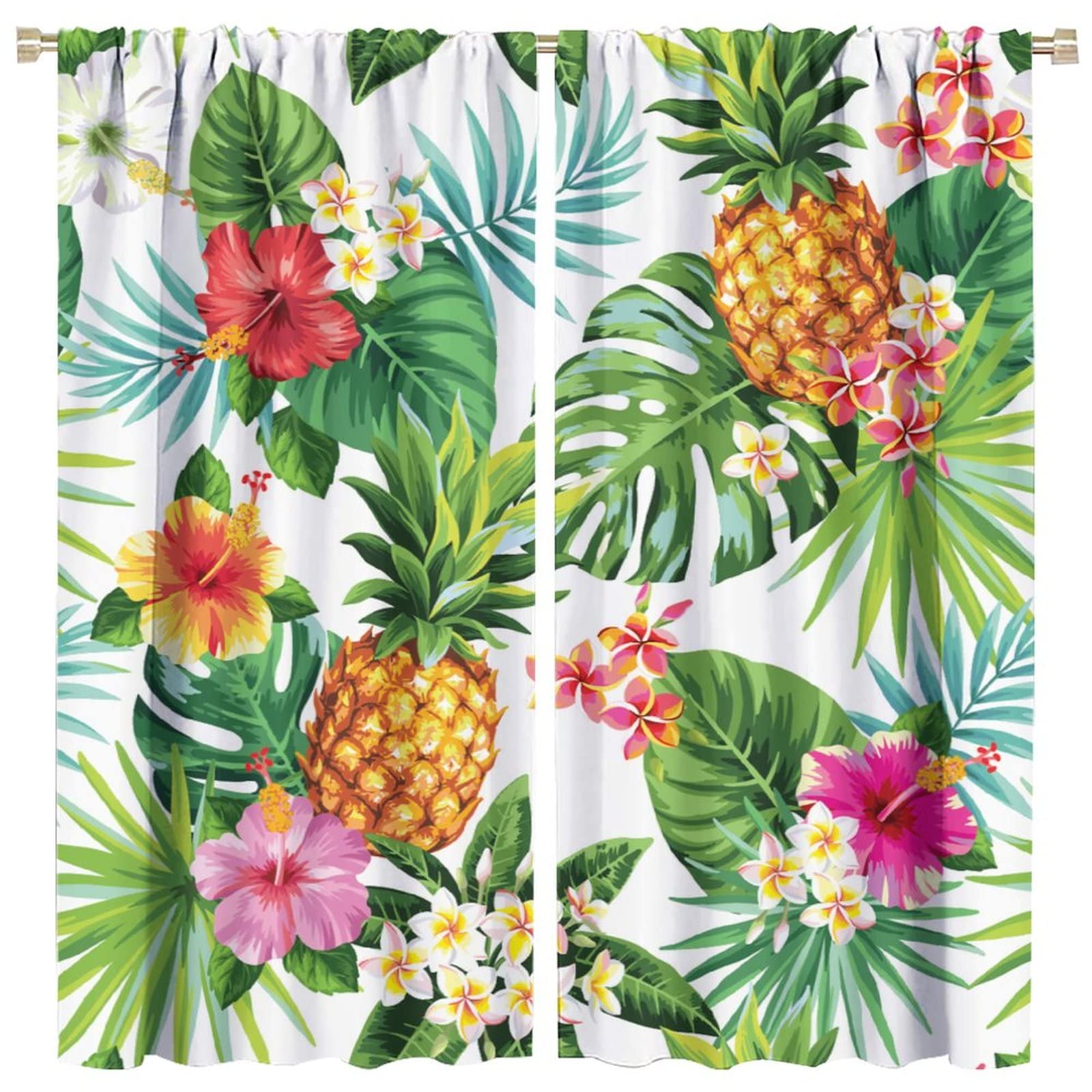 Tropical Curtains, Summer Tropical Pattern Pineapple Palm Leaves and Flowers, Living Room Bedroom Decorative Curtains, 2 Panel Set, 42x45 Inches