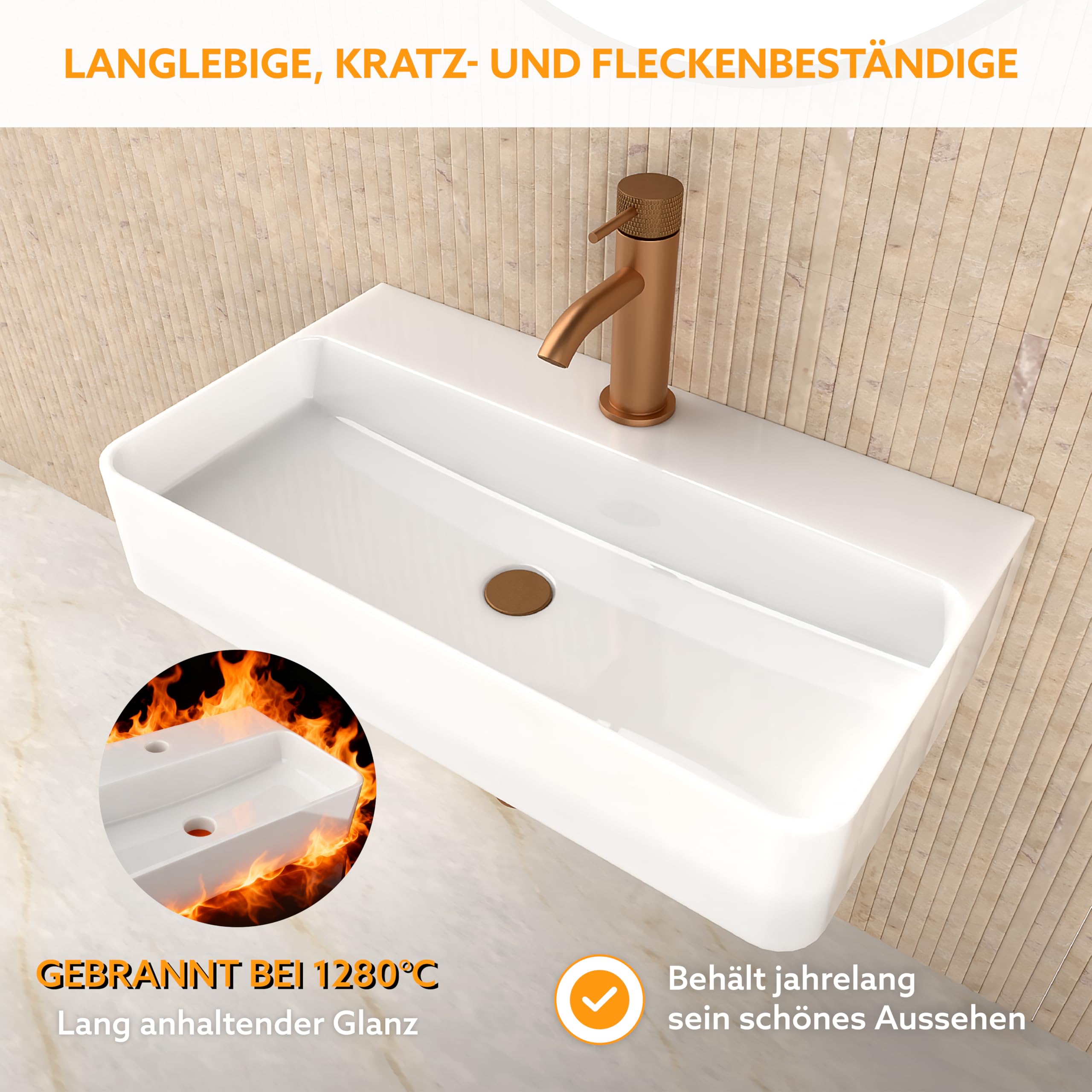 HOGART lavabo baño 54x30 cm con seno a la derecha, lavabo de cerámica blanco rectangular, lavabo suspendido pared o sobre encimera, con orificio para grifo, sin rebosadero, ideal baño moderno — view 9