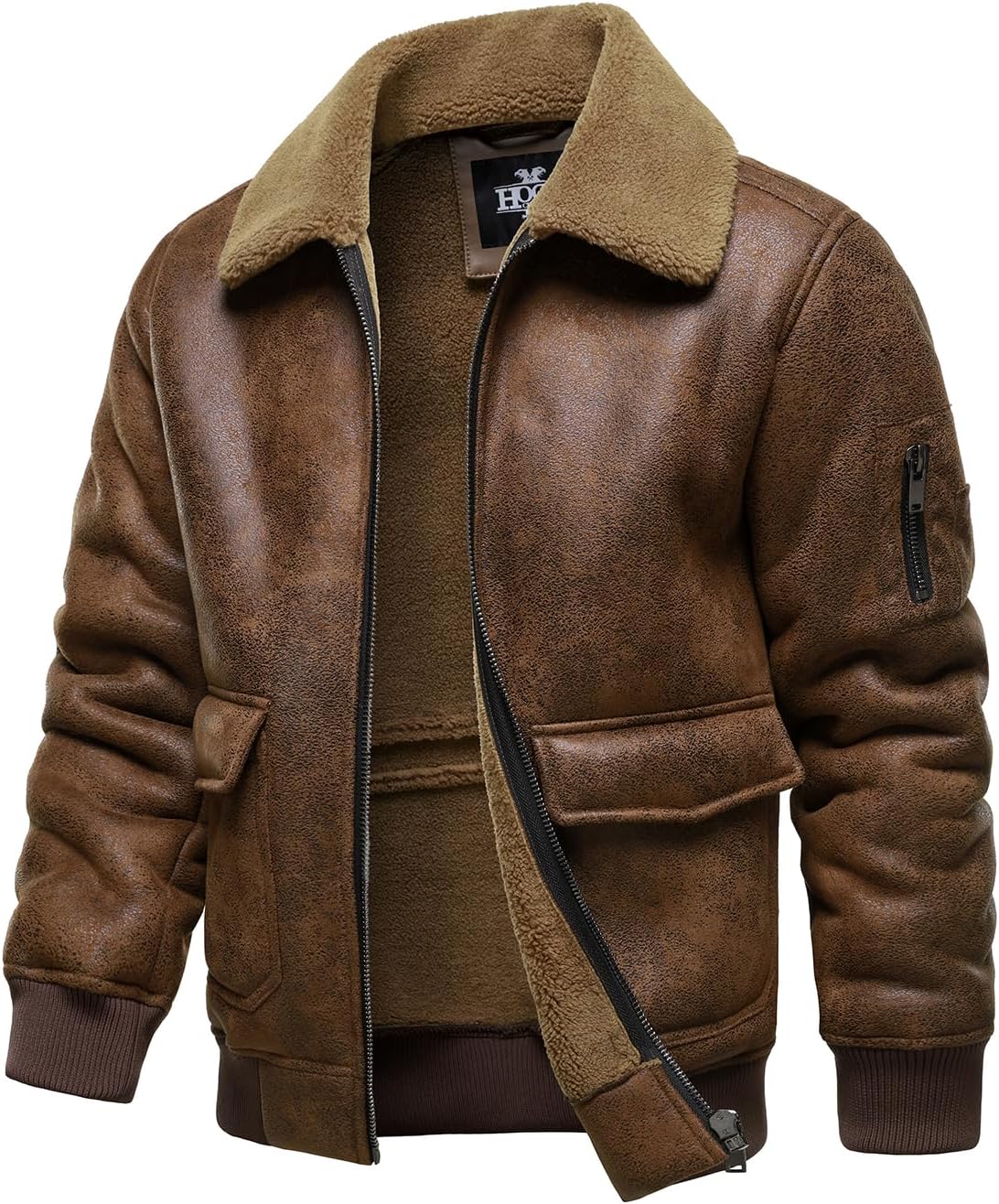 HOOD CREW Men's Faux Leather Motorcycle Jacket Men Bomber Jacket Warm Sherpa Fleece Lined Winter Coat Aviator Flight Jackets - Image 3