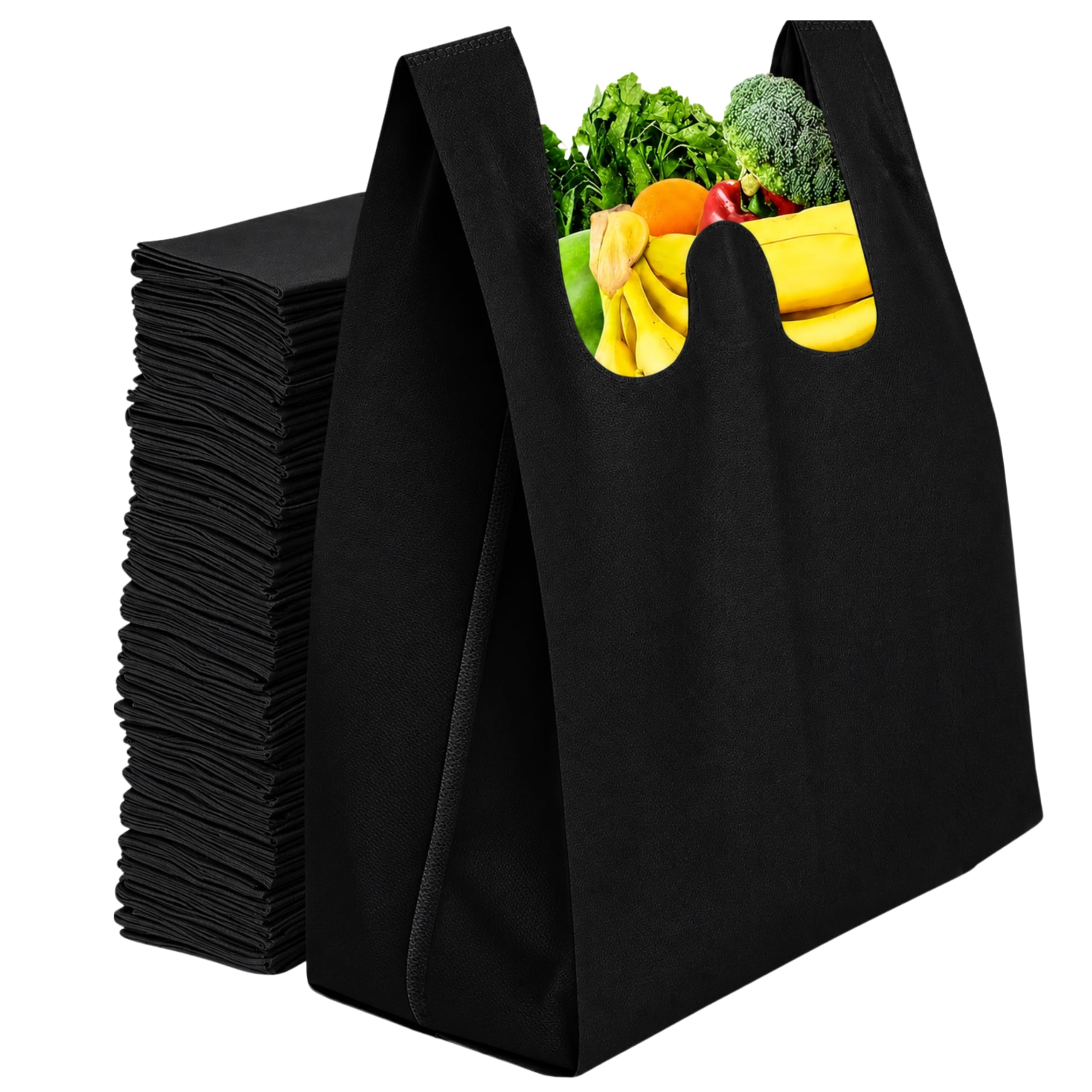 Simply Cool Reusable Grocery Bags Eco-Friendly T-Shirt Shopping Bags 21.5”x12.2”x7.2” Durable Recyclable Shopping Bags Washable, Foldable, Portable Tote Bags Bulk (450 Pack, Black)