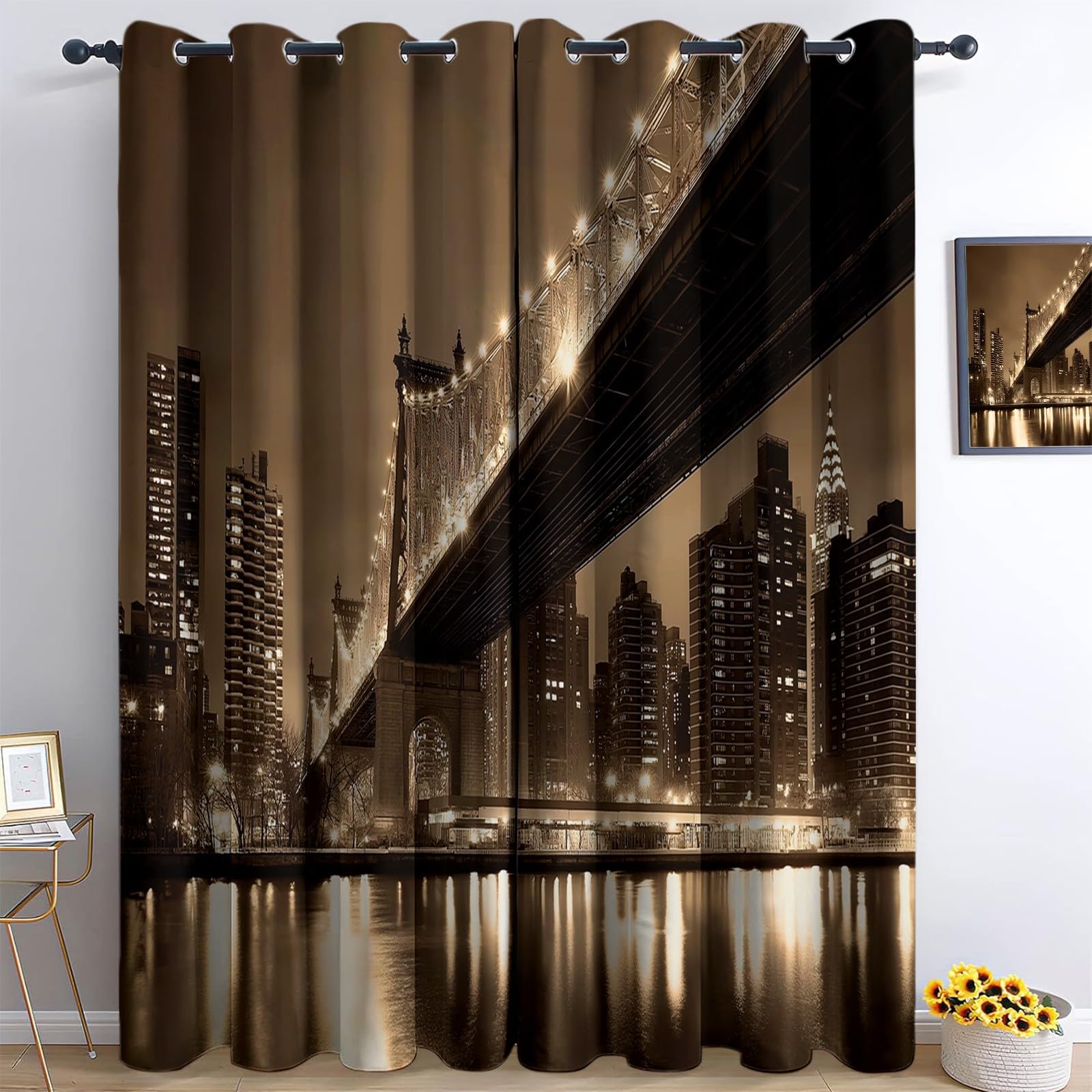 2 panele Zasłony zaciemniające 140 x 245 cm, Architektura z nadrukiem z mostem z przelotkami, dla dziewczynek i chłopców, do salonu, sypialni, miękka i odporna na zmarszczki, kawowo-brązowa