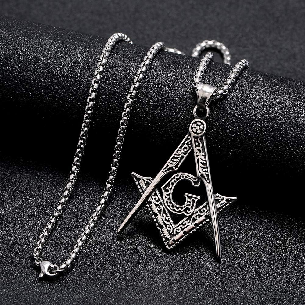 Mens Freemason Compass Masonic Pendant Necklace Silver Tone Stainless Steel with 24inch Link Chain - Image 5
