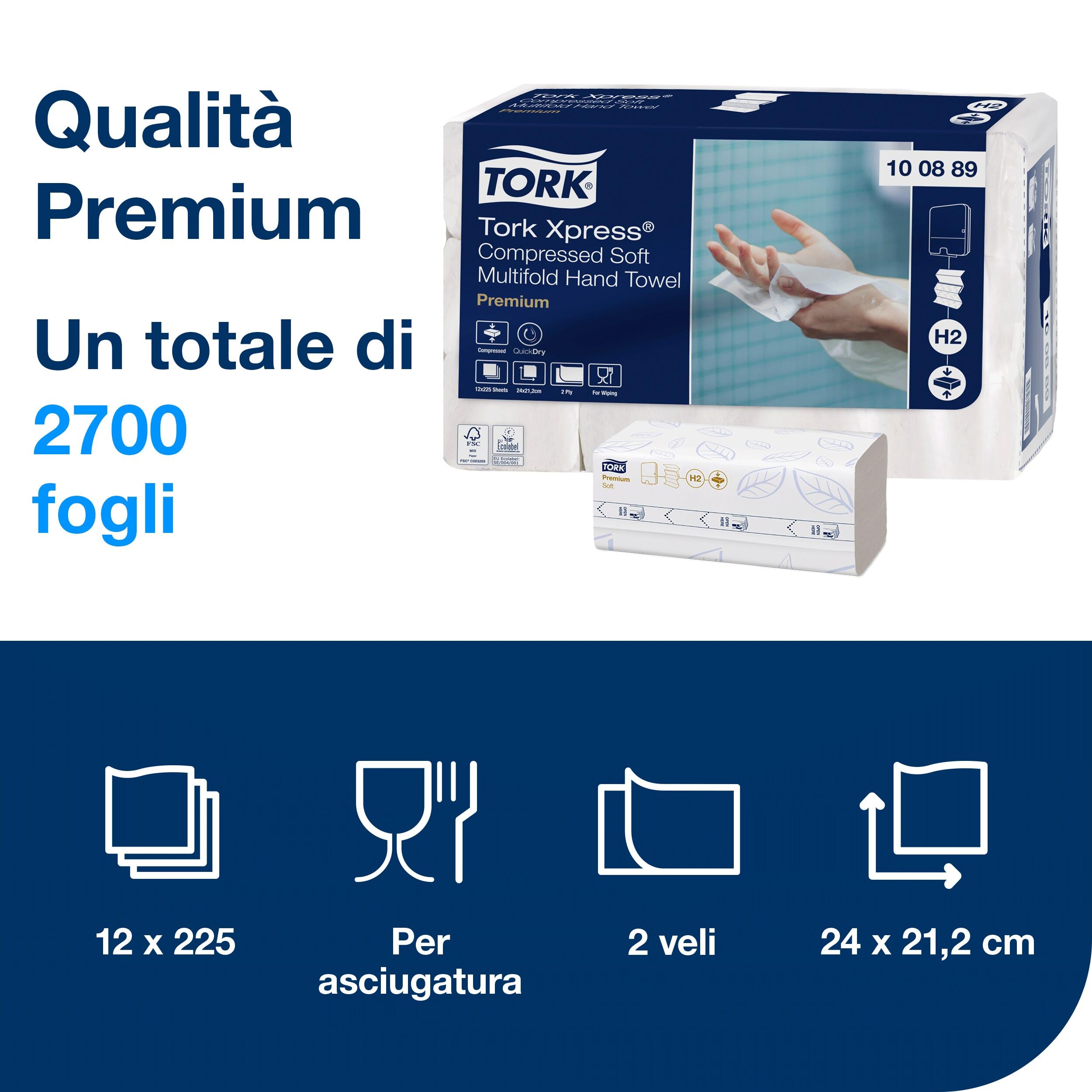 Tork Xpress Asciugamani intercalati Soft compressi bianchi H2, Premium, 2 veli, piegati a Z, elevata assorbenza, 12 confezioni da 225 asciugamani, 100889