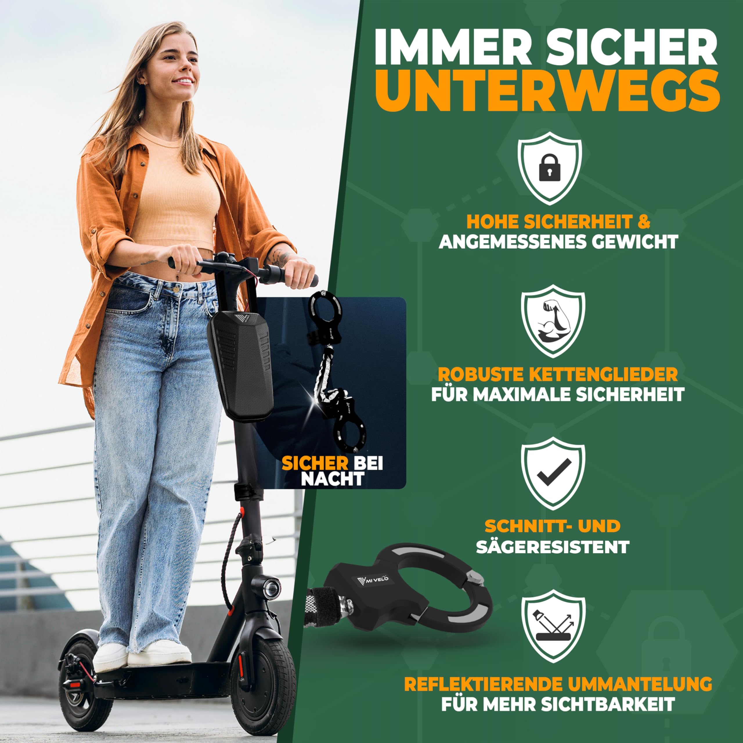 MIVELO E-Scooter Schloss extra sicher - Gelenkkettenschloss I Handschellenschloss für Elektroroller I Fahrradschloss hohe Sicherheit - Inkl. Halterung (PRO, mit Tasche)