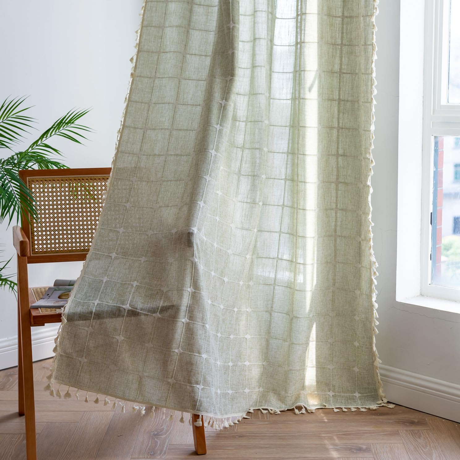 Plancholo Green Boho Curtain 94 Inches Long For Bedroom, Semi-Blackout Cotton Linen Farmhouse Tassel Window Treatment, Bohemian Embroidery Plaid Drape, Rod Pocket 1 Panel W55 X L94
