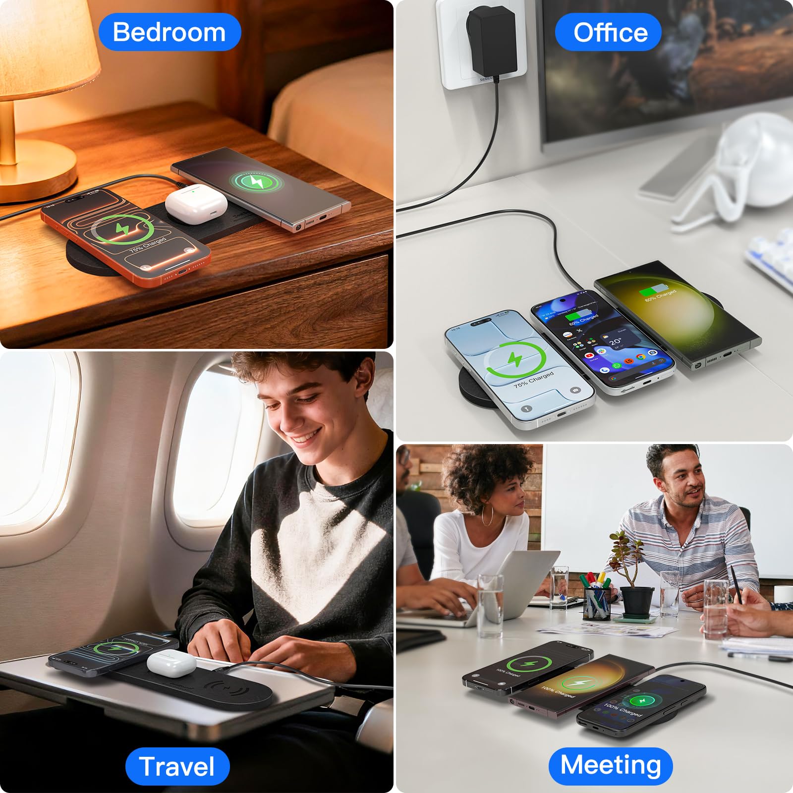 ZealSound 3-in-1 Wireless Charger Pad for Multi Devices - Ultra-Slim PU Leather Triple Wireless Charging Mat for Smartphones & Earbuds, Compatible with iPhones, AirPods, Galaxy Buds, Incl. 36W UK Plug — view 4