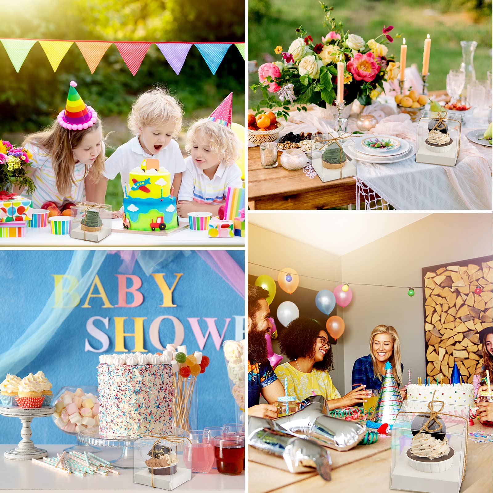 Tuanse 96 Pieces Individual Cupcake Boxes Single Cupcake Container Cupcake Carrier Plastic Cupcake Holder with Ribbons and Inserts for Wedding Birthday Party Favors, 3.5 x 3.5 x 3.5 Inch (White)