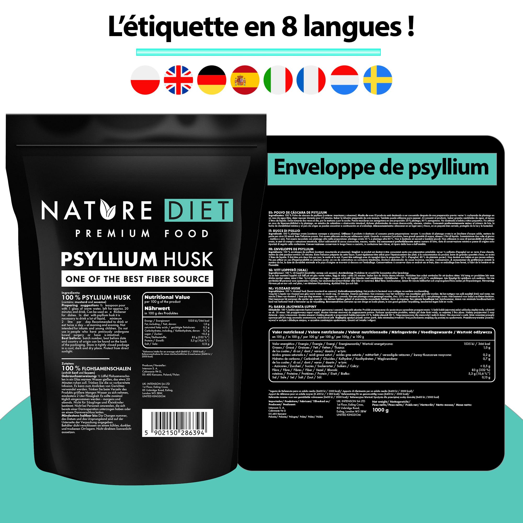 Nature Diet Psyllium Husk Cáscara de psyllium 1000 g | Fuente de fibra | Digestión | Desintoxicación
