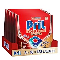 Pril Excellence Premium 5in1 Caps Lavastoviglie (16 Caps), Detersivo lavastoviglie contro lo sporco ostinato e secco da 72h, Pastiglie lavastoviglie efficaci anche nei cicli brevi ed eco