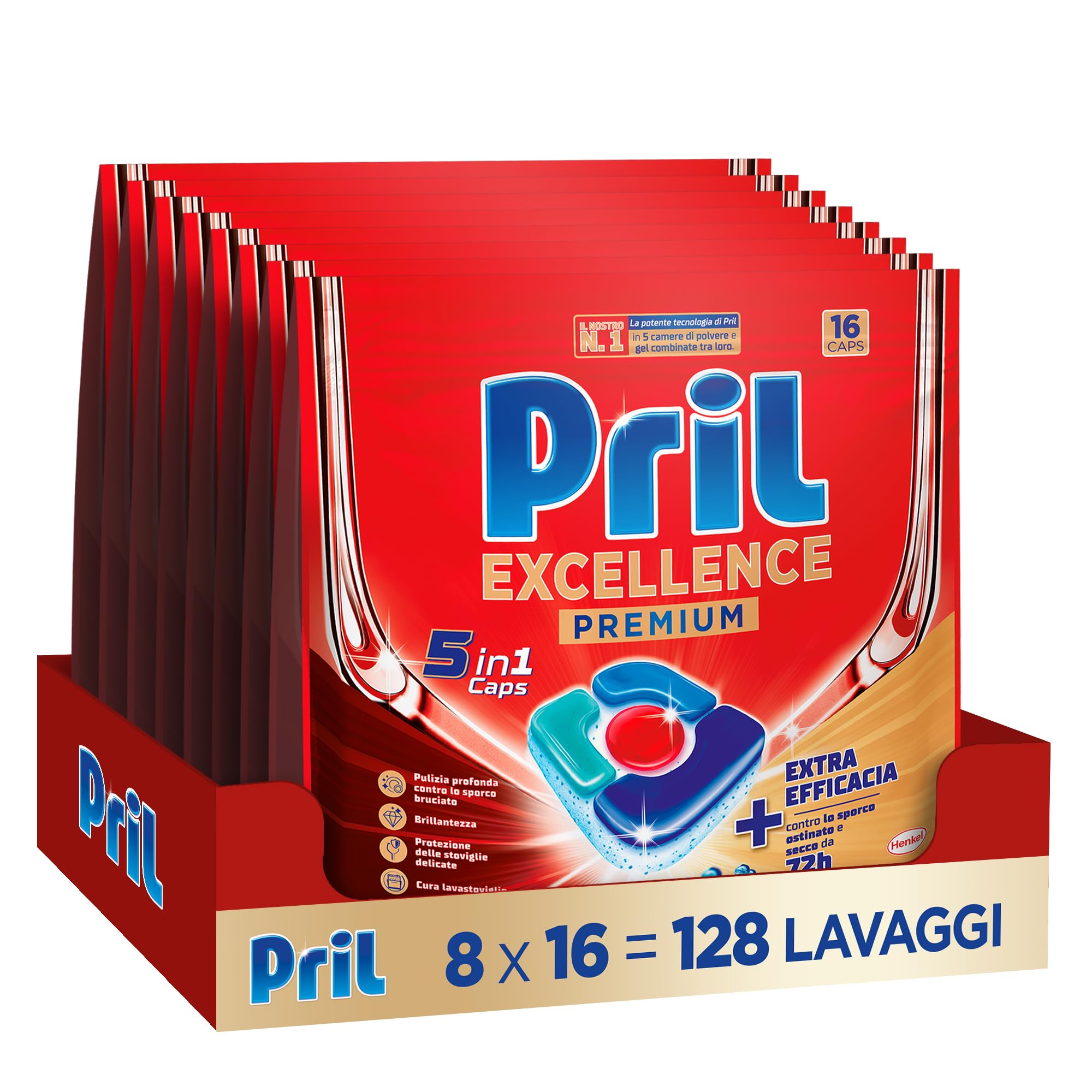 Pril Excellence Premium 5in1 Spülmaschinentabs (16 Kaps), Geschirrspülmittel gegen hartnäckigen und trockenen Schmutz, ab 72 Stunden, Spülmaschinentabs, wirksam auch bei kurzen Zyklen und Eco