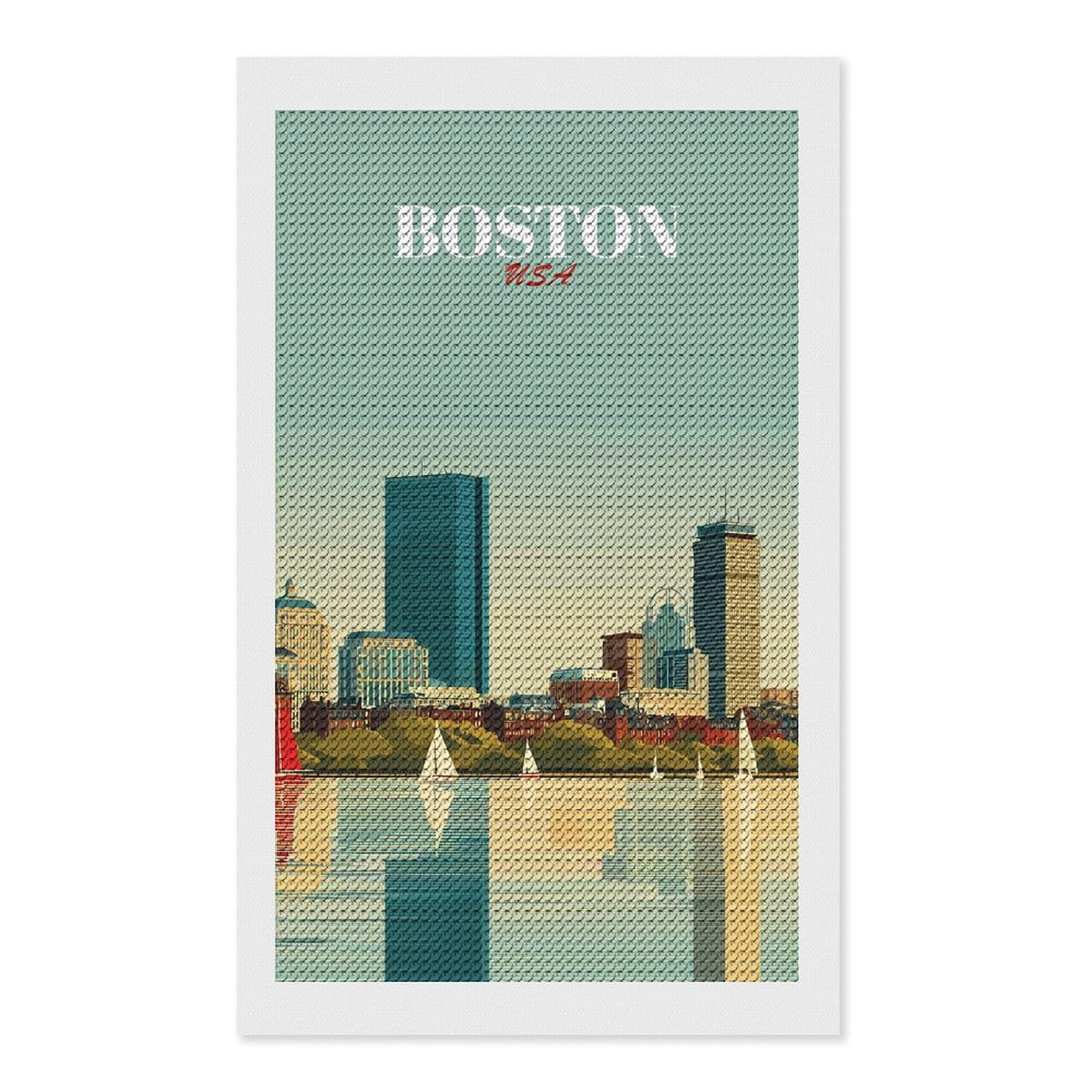 Junmoney Boston USA Skyline Art Diamond Painting Canvas Set 12"x20", Full Kit Included, Calming Craft to Unwind, Farmhouse Decor, Christmas Gift