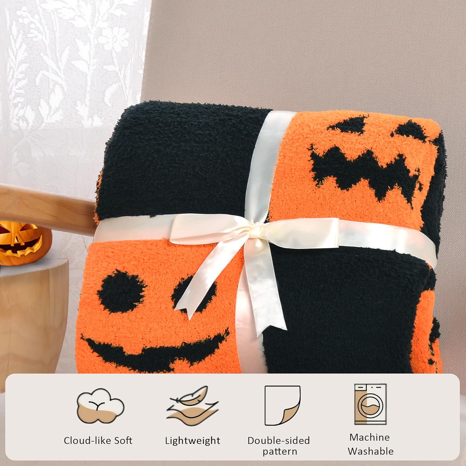 Halloween Pumpkin Throw Blanket - Checkerboard Pattern with Spooky Pumpkin Faces - Soft Flannel Cozy Blanket for Couch, Bed & Fall Decor - Horror Style Halloween Blanket (50"x60")