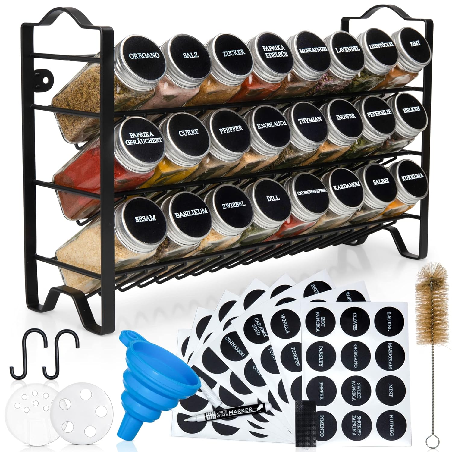 Deco haus Especiero de Cocina con Tarros - Organizador de Condimentos de Metal 3 Niveles - 24 Tarros de Especias, 48 Etiquetas, Cepillo, Embudo, Ganchos - Diseño Independiente o para Montar - Negro