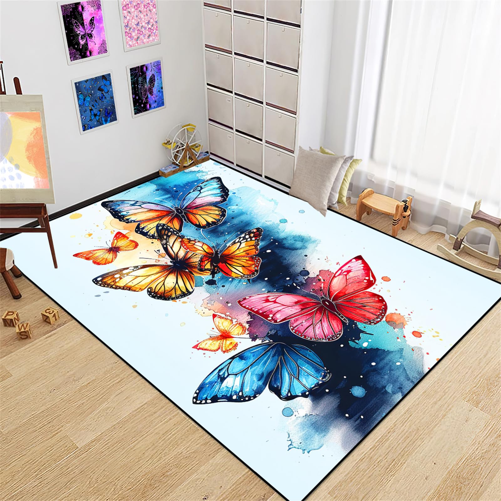 BATATADOCE Butterfly Rugs for Girls Bedroom Rug for Girls Room Kids Butterfly Rug for Playroom Decor,3'×5'