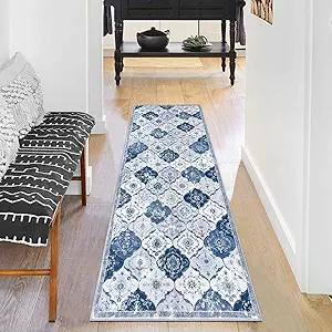 KILOCOCO 2x5 Runner Rug, Moroccan Super Soft Washable Hallway Runner Rug, Accent Print Faux Wool Kitchen Runner Rug 5 Feet Non-Slip Runners Boho Rug Runners for Laundry Room Bedroom, Blue/Grey/Multi