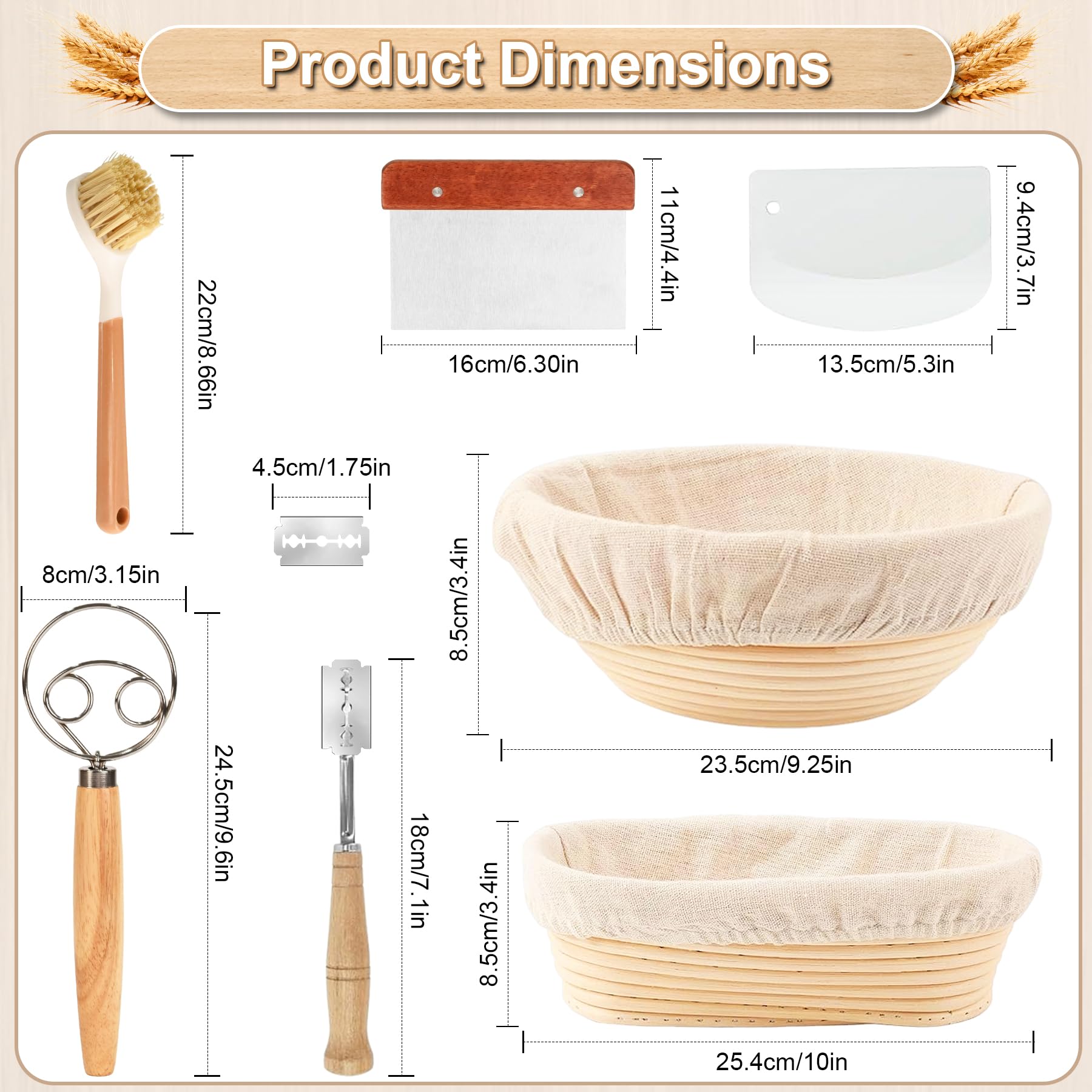 Cestino per Lievitazione del Pane Set,23 cm, Rotondi e 25 cm, Ovali, 100% Rattan Naturale, con Raschietto per Impasto, Inserto in Lino, Frusta per Pasta e Pane Zoppo, Accessorio