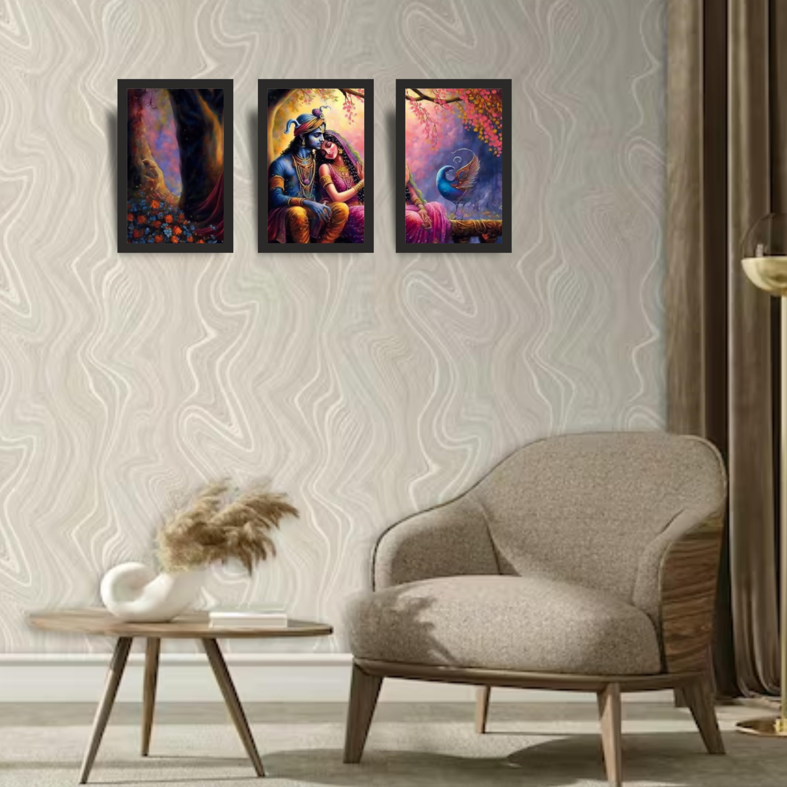 Radha Krishna Moonlit Romance Digital Wall Art Set of 3