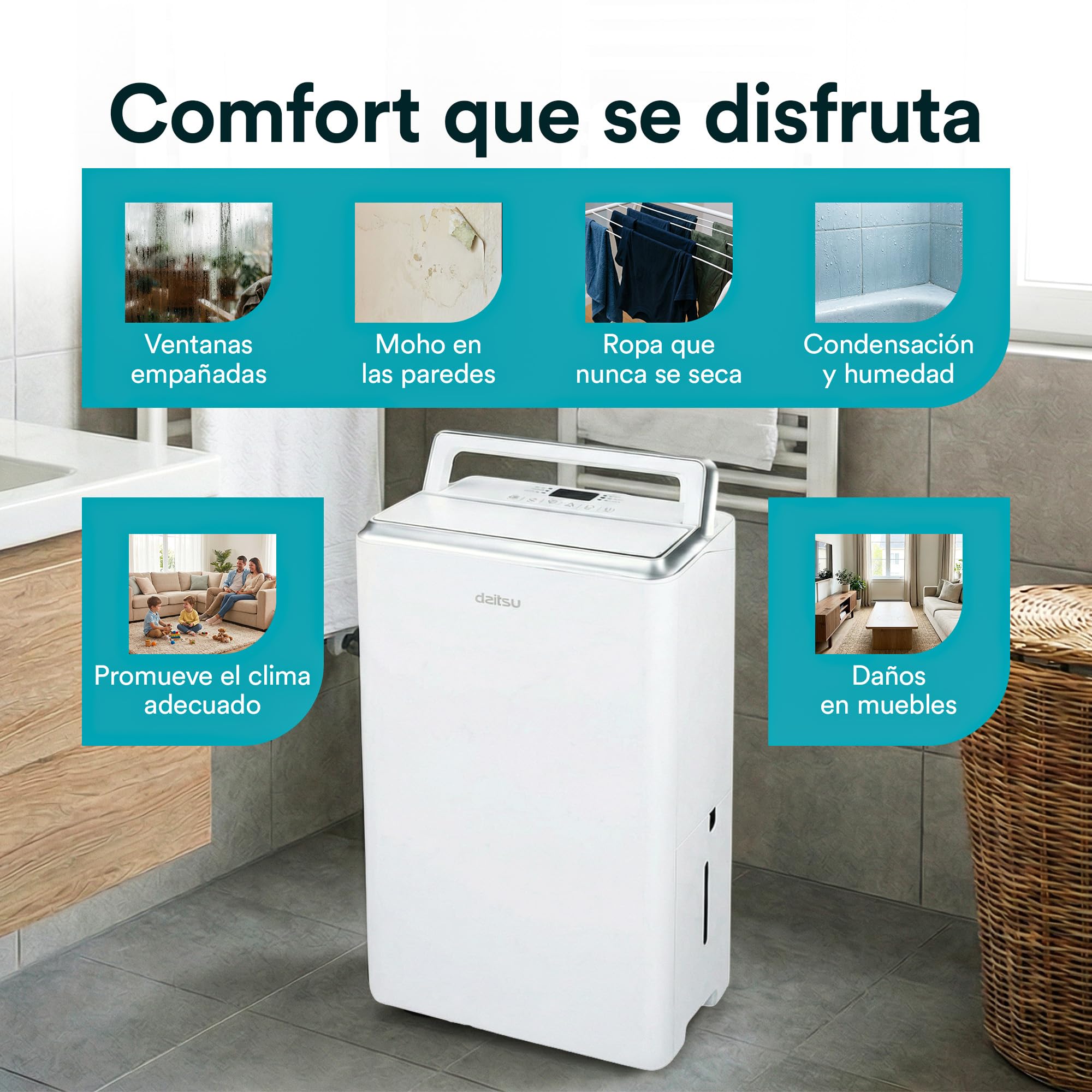 Daitsu Deshumidificador de Humedad 20L Silencioso | Modo Secado de Ropa