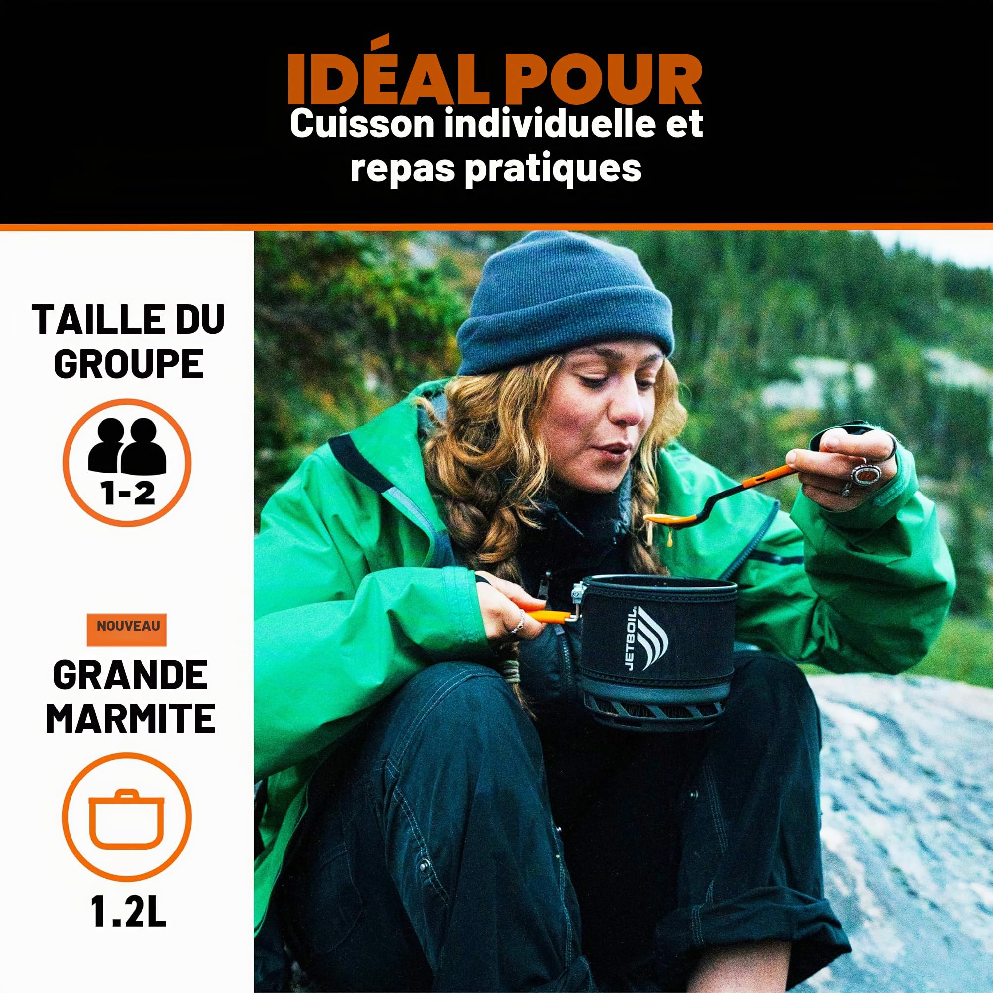 Jetboil TrailCook Réchaud de camping et de randonnée 1,2 l avec contrôle de la chaleur réglable, carbone
