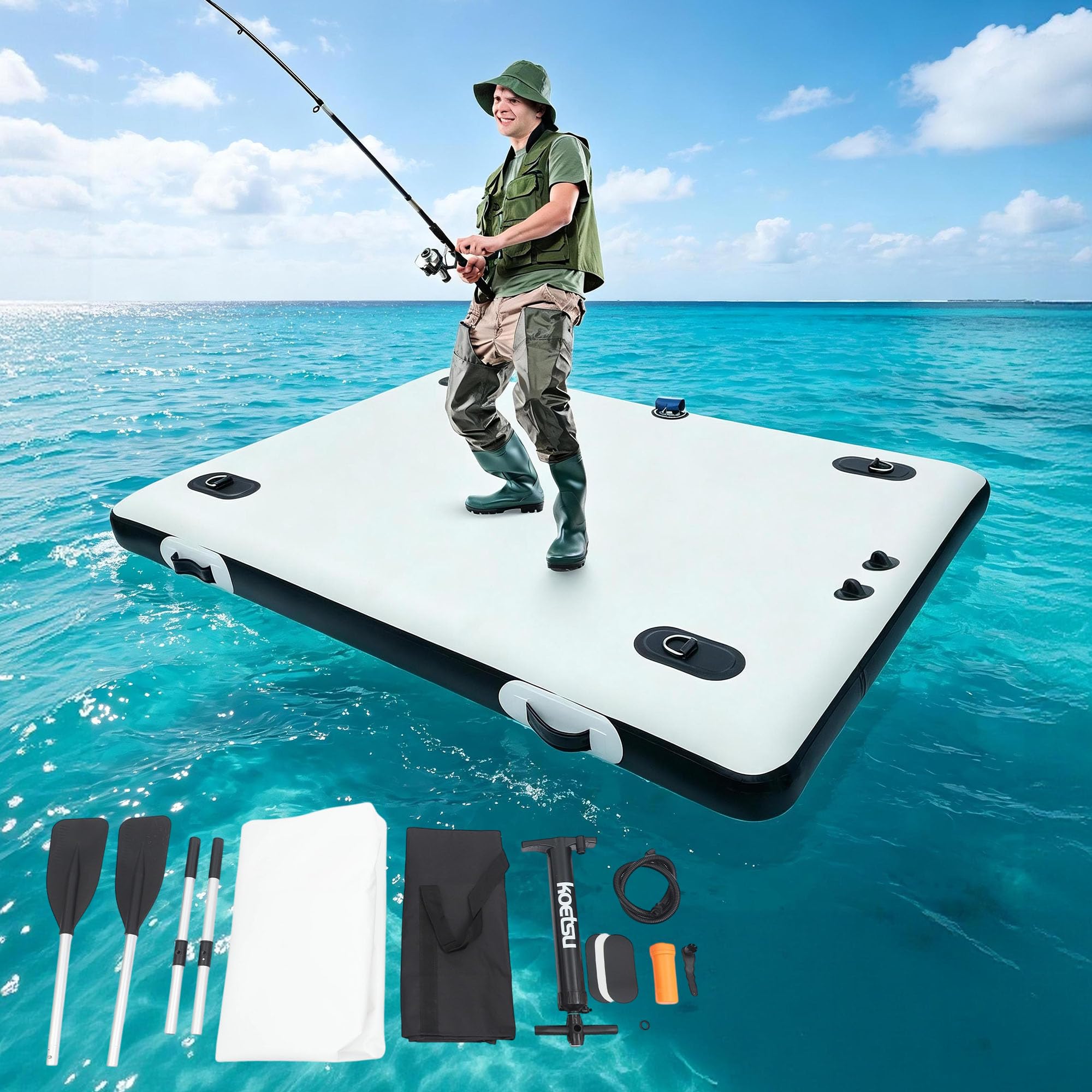 Aufblasbare schwimmende Plattform, 2 x 1,5 m PVC Schlauchboot für Angler, Fishing Plattform mit 2 Rudern und Luftpumpe, Tragkraft 400 kg, für See Schwimmbad Yoga Weiß Schwarz