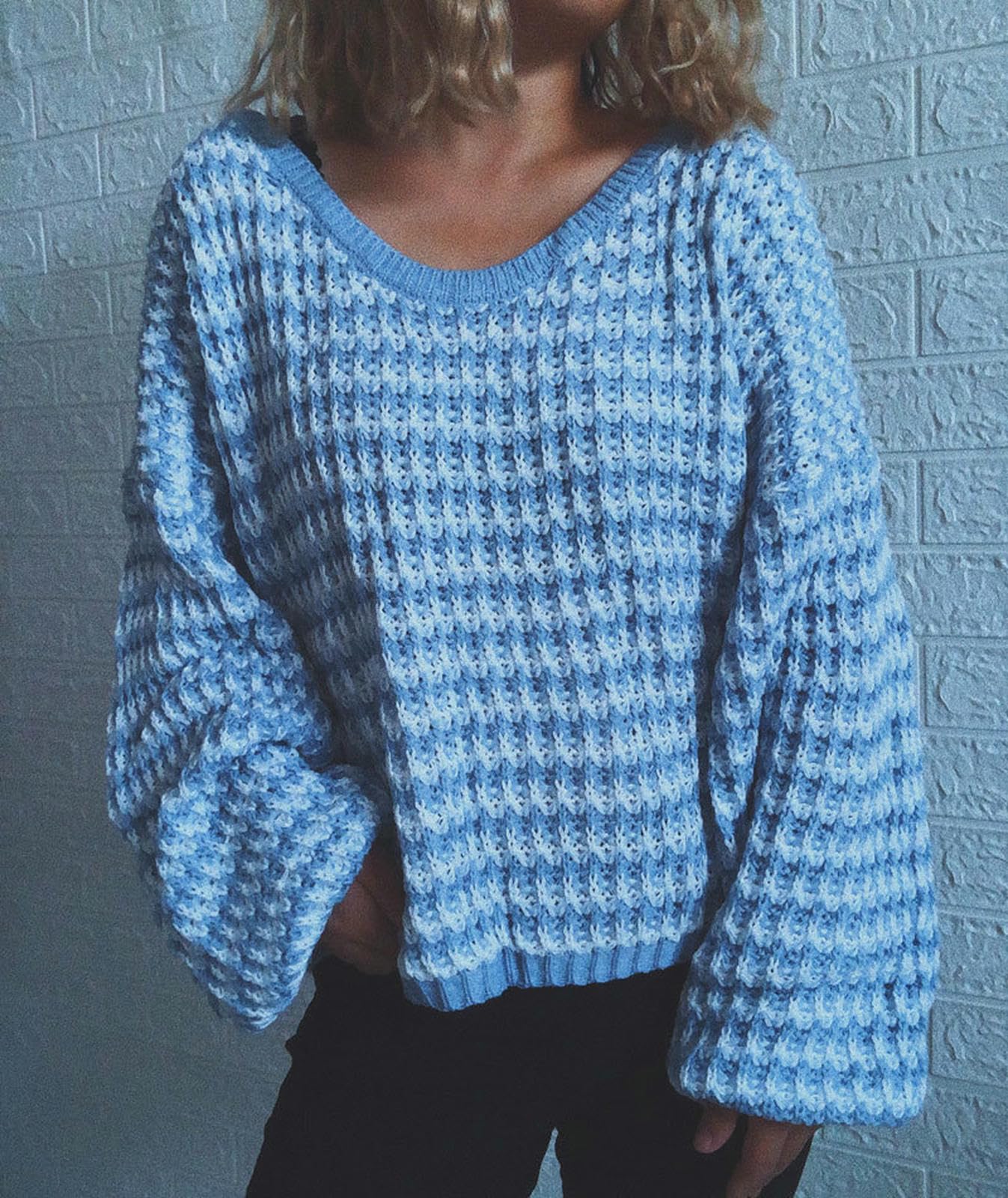 Maglione da Donna Tops A Maniche Lunghe Donna, Pullover Vesto V Leggeri-Blu-l