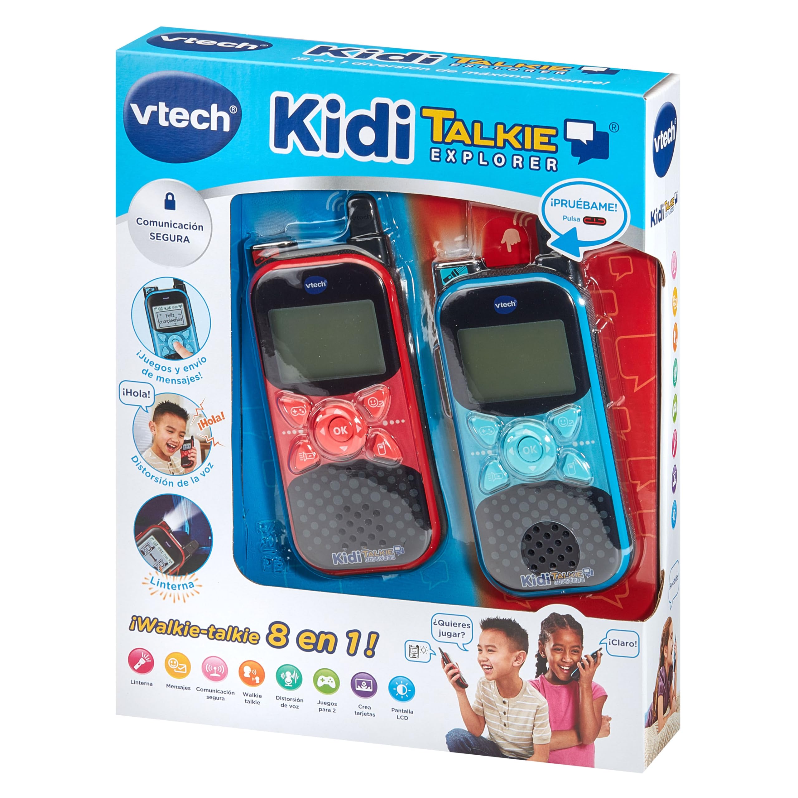 VTech - KidiTalkie Explorer, Walkie-Talkies Infantiles Azul/Rojo | Con Linterna y Efectos de Voz, Envío de Mensajes, Función Cambio de Voz, Juegos, Regalo niños +4 años, Versión ESP