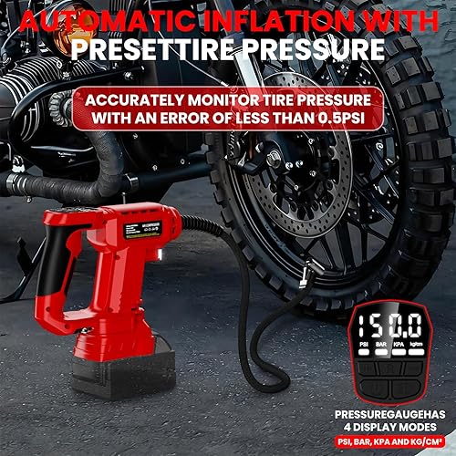 Miniatura 6 de Compresor de aire inalámbrico para inflador de neumáticos Milwaukee de 18 V, bomba de aire portátil de mano de luz LED de 160 PSI con manómetro