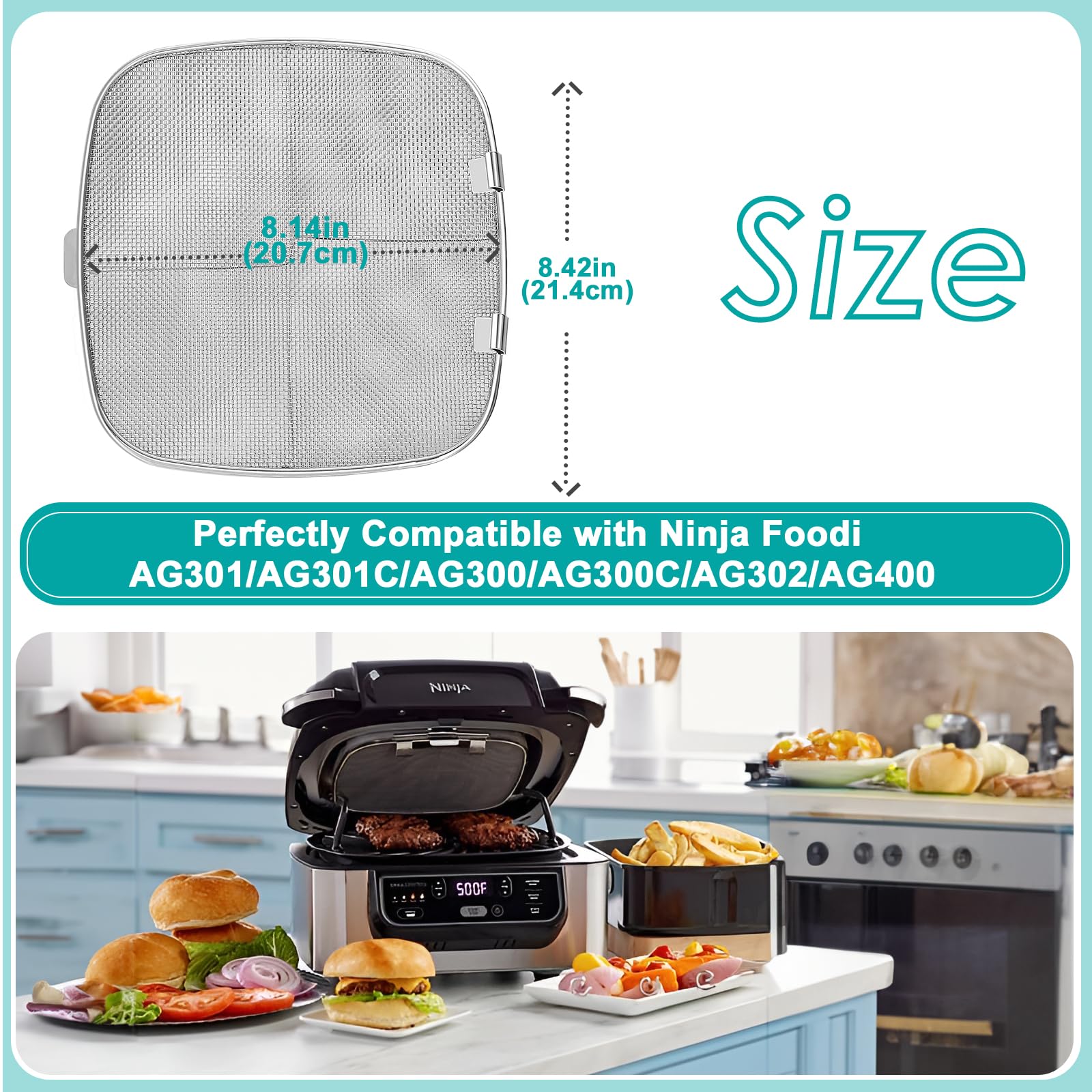 GeeRic Stainless Steel Splatter Shield Compatible with Ninja Foodi AG300/AG300C/AG301C/AG302/AG400, Air Fryer Splatter Screen, Stop Hot Oil and Bacon Splash, Grill Replacement Parts 8.3” Square