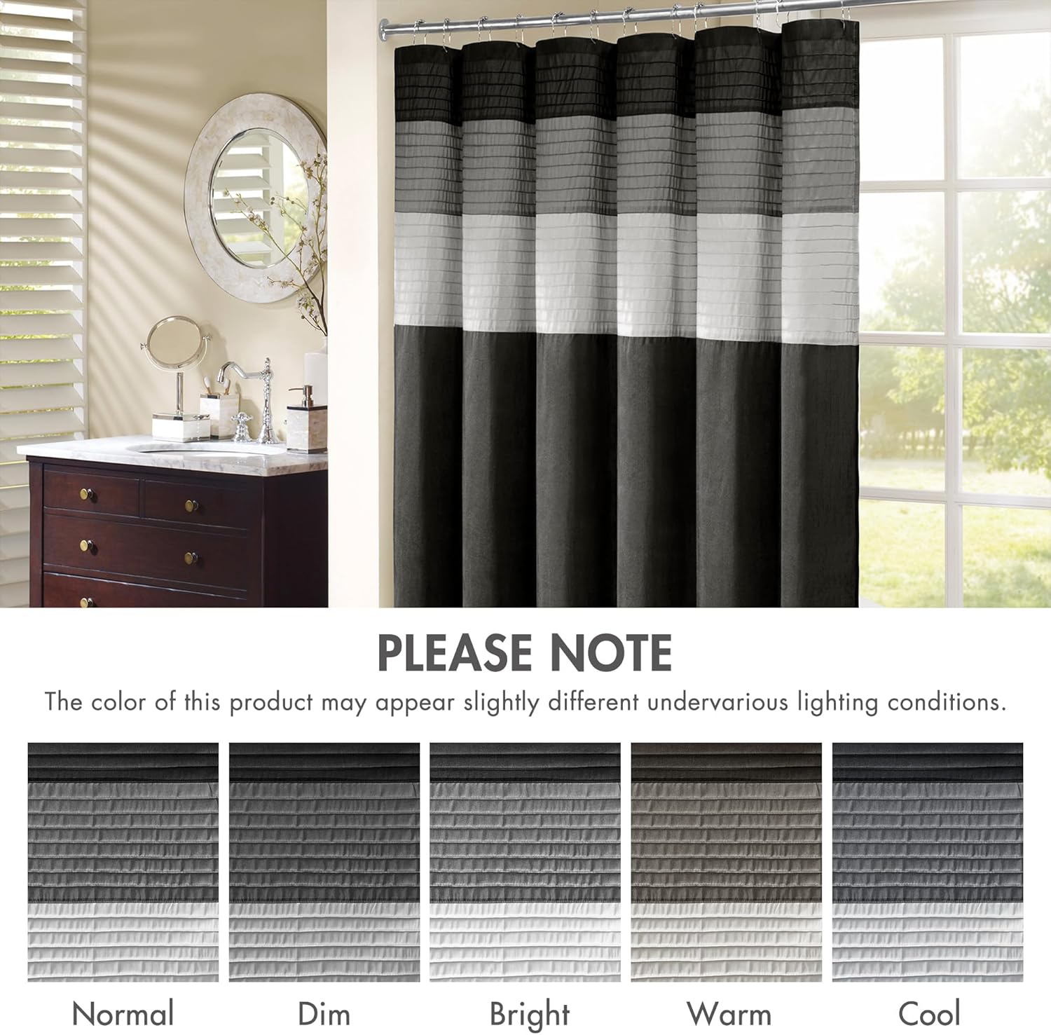 Madison Park Amherst Bathroom Shower Curtain Faux Silk Pieced Striped Modern Microfiber Bath Curtains, 72x84 Inches, Black