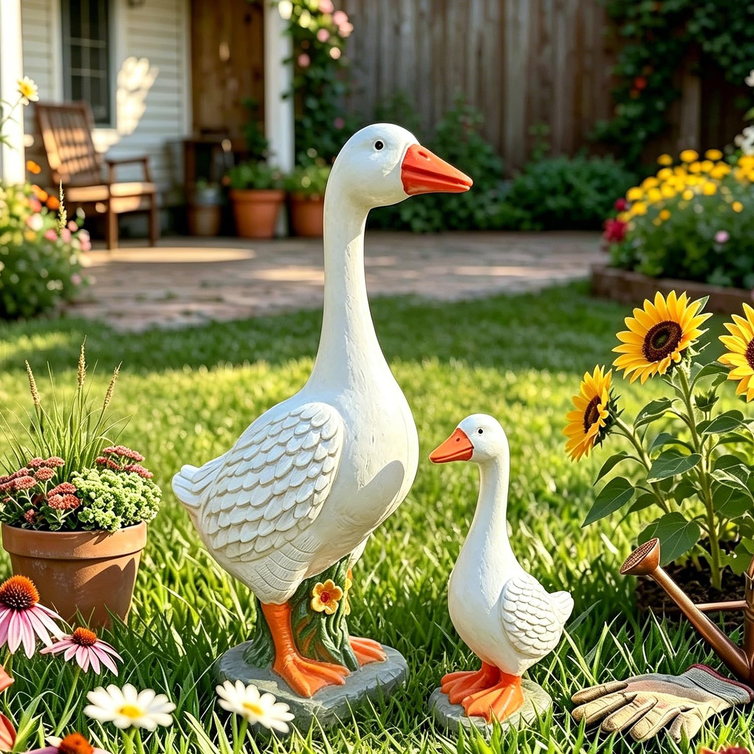 vrfvsdasAAS Statue of a Goose, 13in Realistic Large Porch Goose Statue, Adjustable Hollow Figurine(Set)