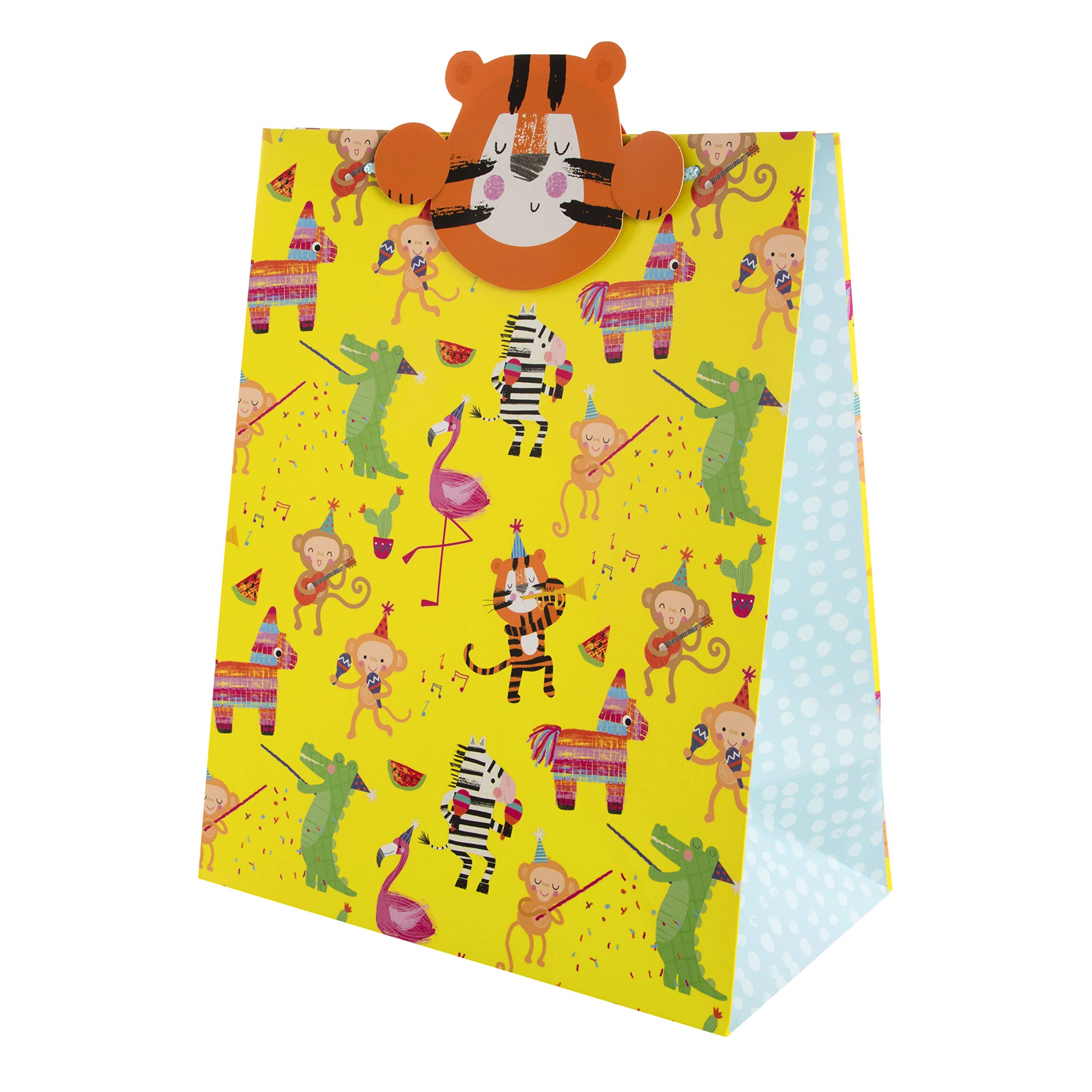 Kids Birthday Gift Bag, Party Animals Design with Keepsake Tiger 'Bag Buddy' Gift Tag, Yellow