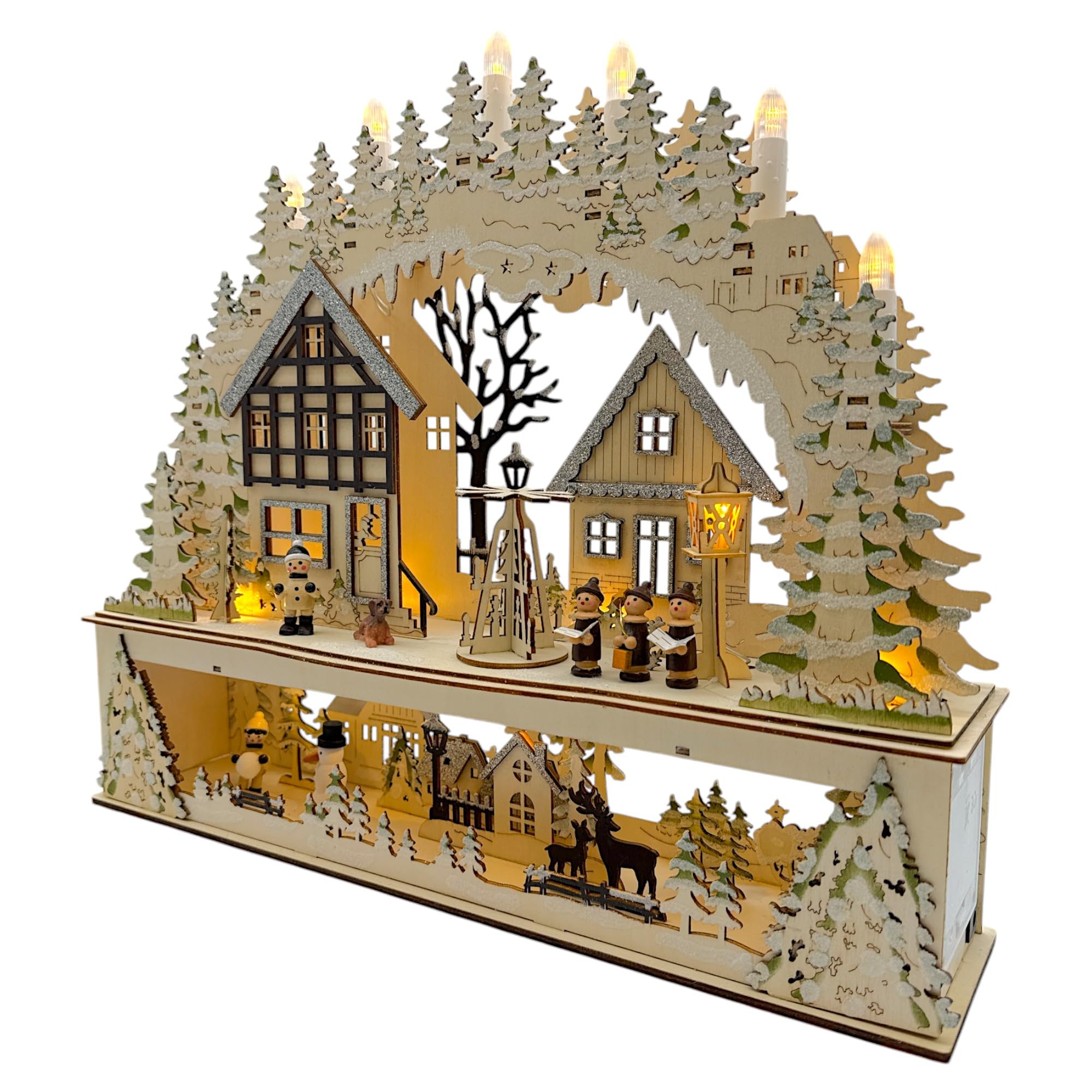 Wichtelstube-Kollektion LED Schwibbogen Fachwerkhaus Kurrenden vor Weihnachtspyramide Lichterbogen Weihnachten Schwippbogen mit Podest Holz Weihnachtsdeko