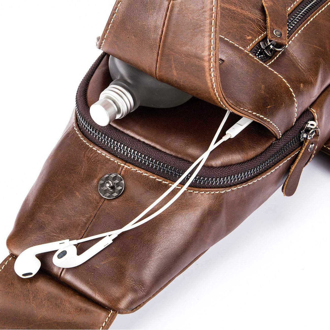 BULLCAPTAIN Bolso Hombre Pequeña Piel, Mochila de Cuero Autentico, Bolsos de Hombro y Pecho, Bolsos Bandolera, Bolsa Resistentes al Agua Para Escolare Ciclismo Senderismo (Marrón)