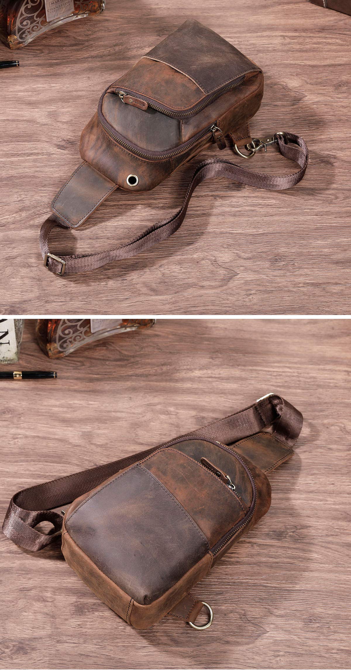 Le'aokuu Hommes en Plein air Voyage décontracté randonnée thé bandoulière Poitrine Sac à bandoulière Plate-Forme Une bandoulière Sac à Dos Hommes en Cuir 8010 (8010 A Marron)