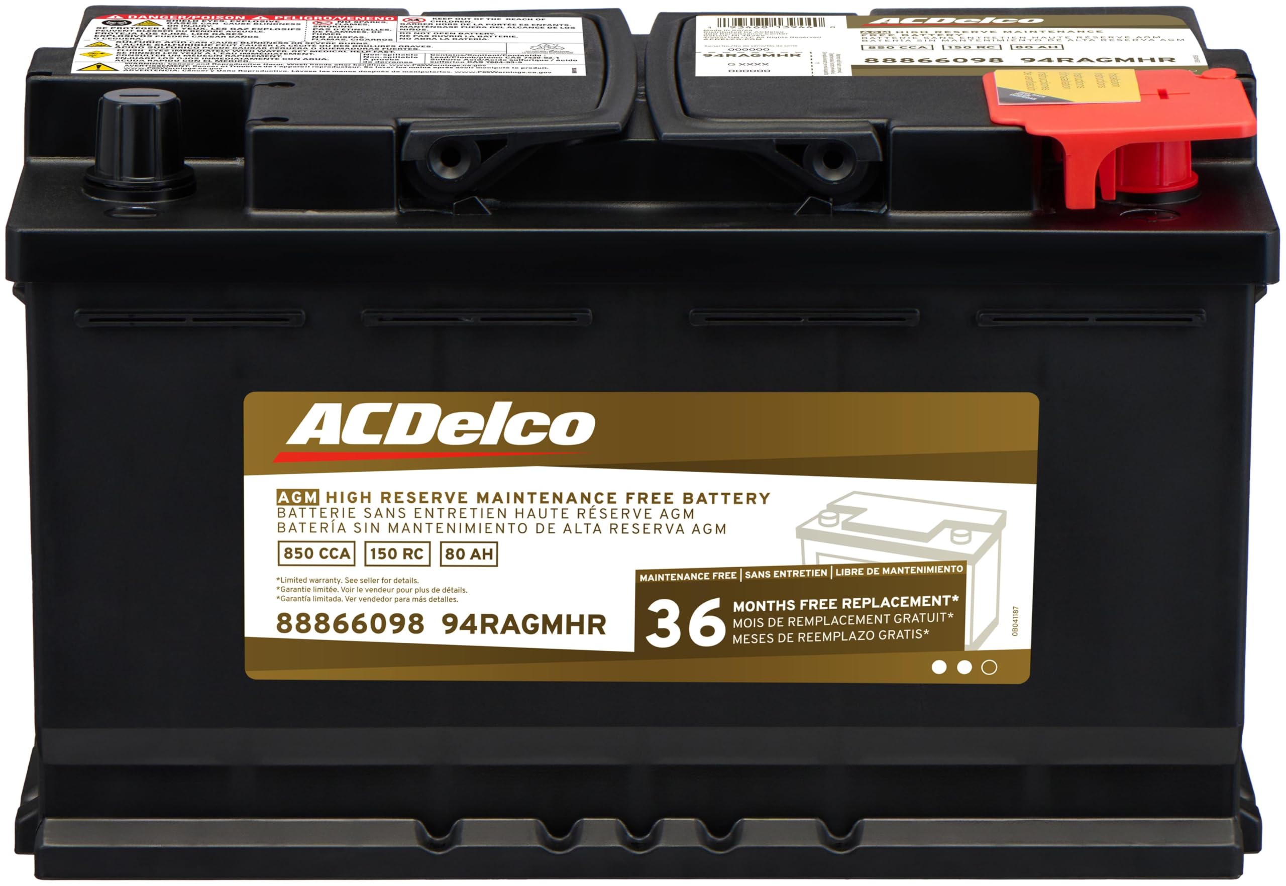 ACDelco Gold 94RAGMHR (88866098) 36 Month Warranty High Reserve AGM BCI Group 94R Battery