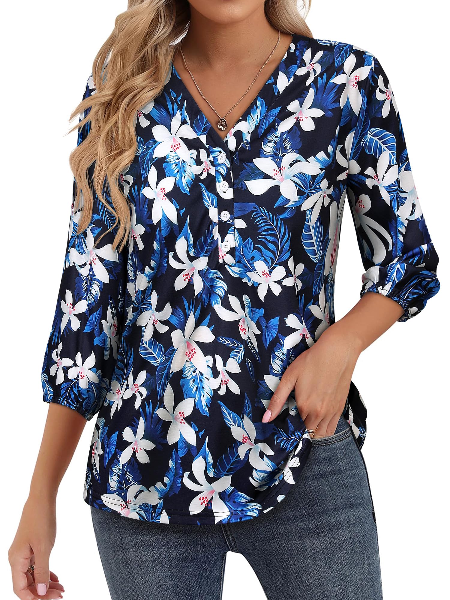 Womens 3/4 Sleeve Hawaiian Shirts V Neck Summer Floral Printed Shirt Casual Buttons Down Soft Tunic Tops