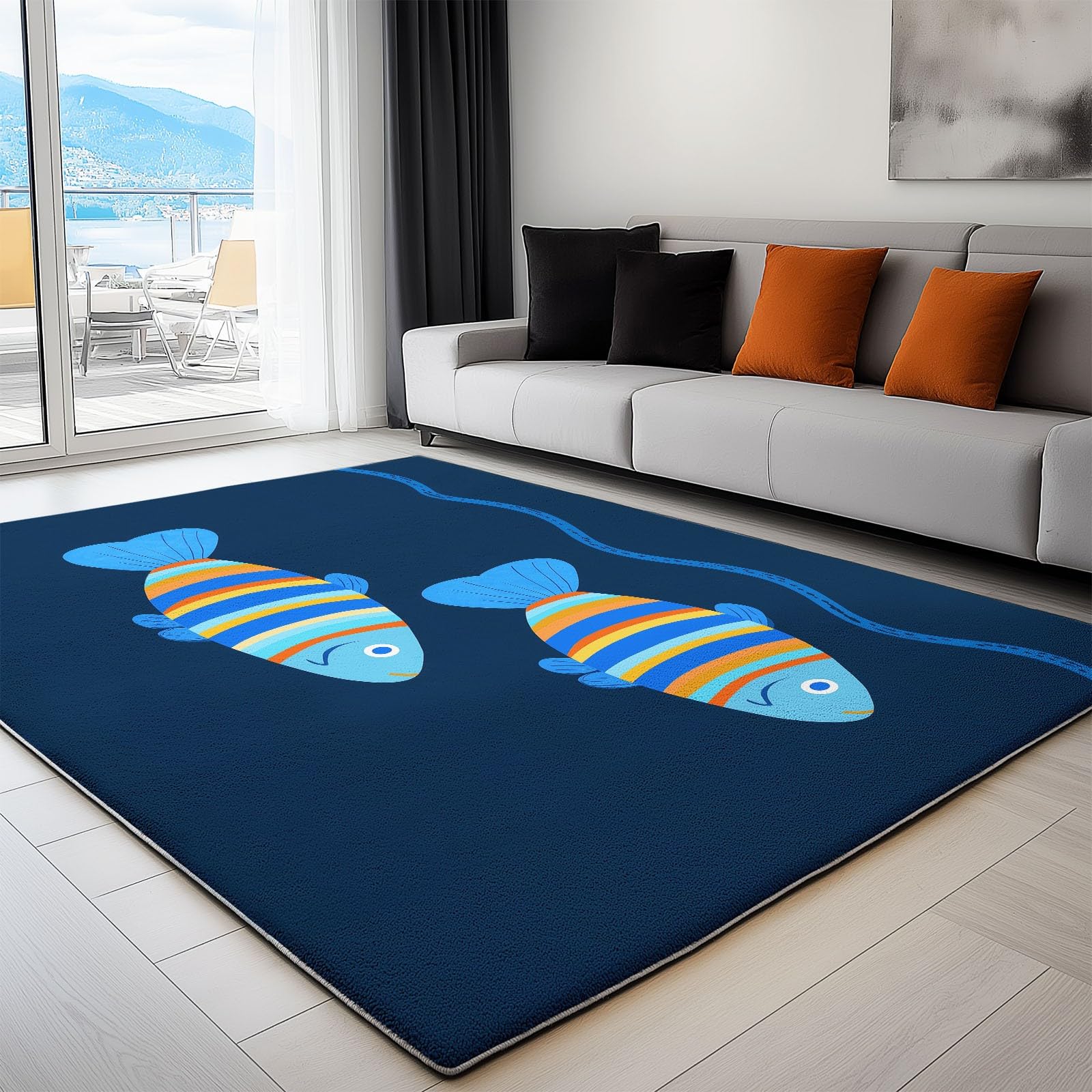 Tapis à poils courts lavable et ultra doux motif poisson bleu 160x230 cm