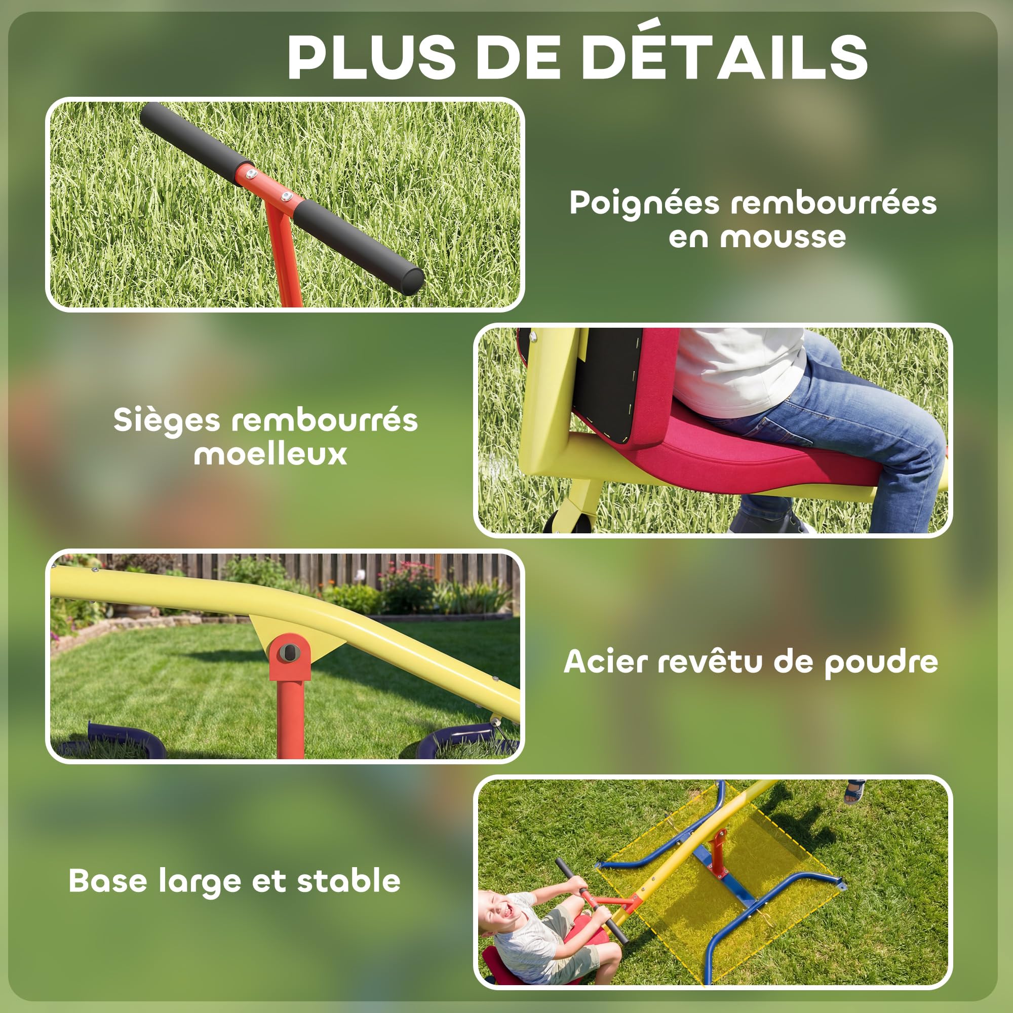 AIYAPLAY Balançoire à Bascule Enfant, trébuchet Rotatif 360°, 3 à 12 Ans | Sièges rembourrés avec dossiers, capacité 200 kg, 253 x 96 x 75 cm, multicolore