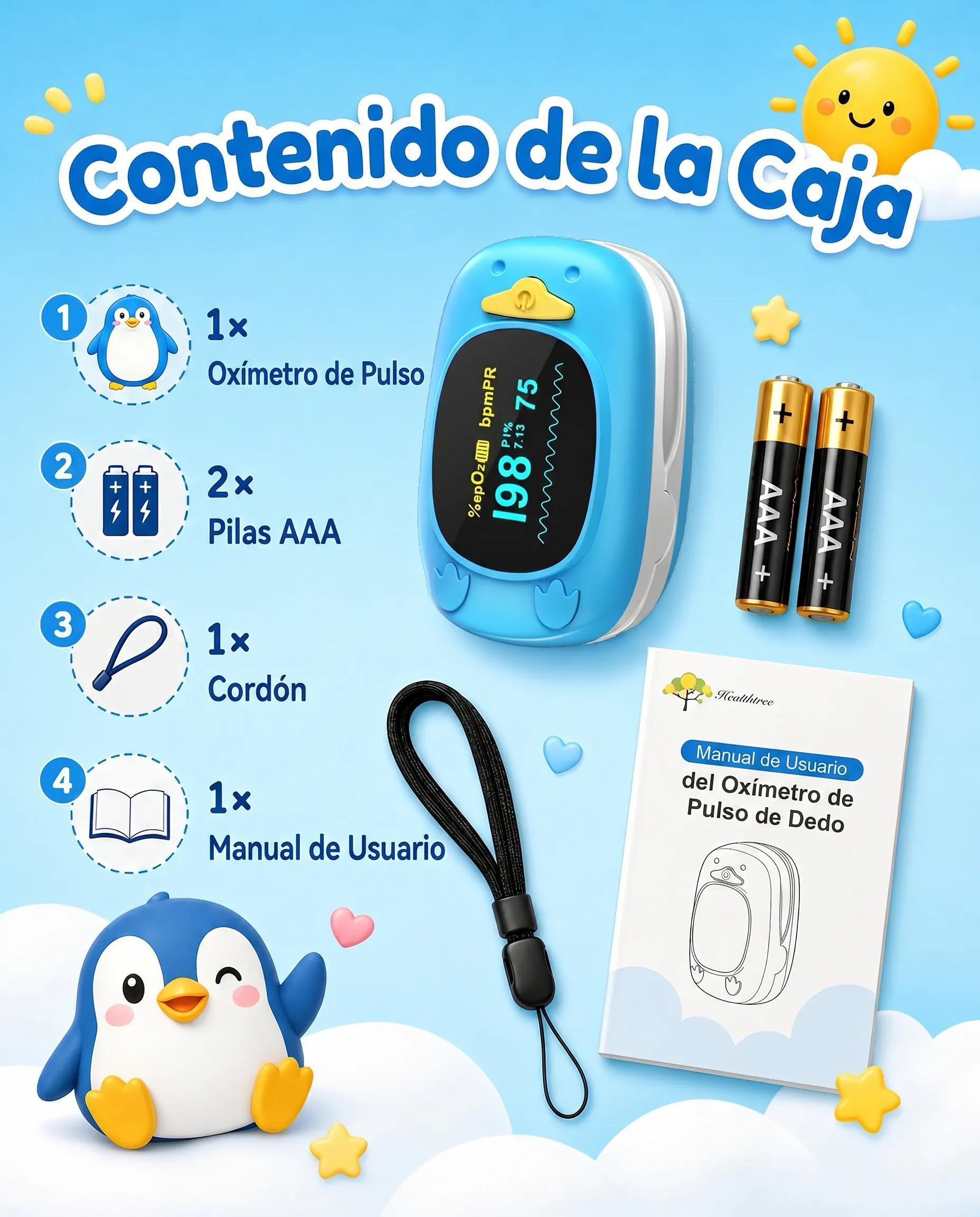 HealthTree JKS50A Pulsioximetro Pediatrico de dedo para Niños, Lectura Rápida 8-10s de Saturación de Oxígeno (SpO2), Frecuencia Cardíaca e Índice de Perfusión (PI), Pantalla OLED, Baterías y Cordón