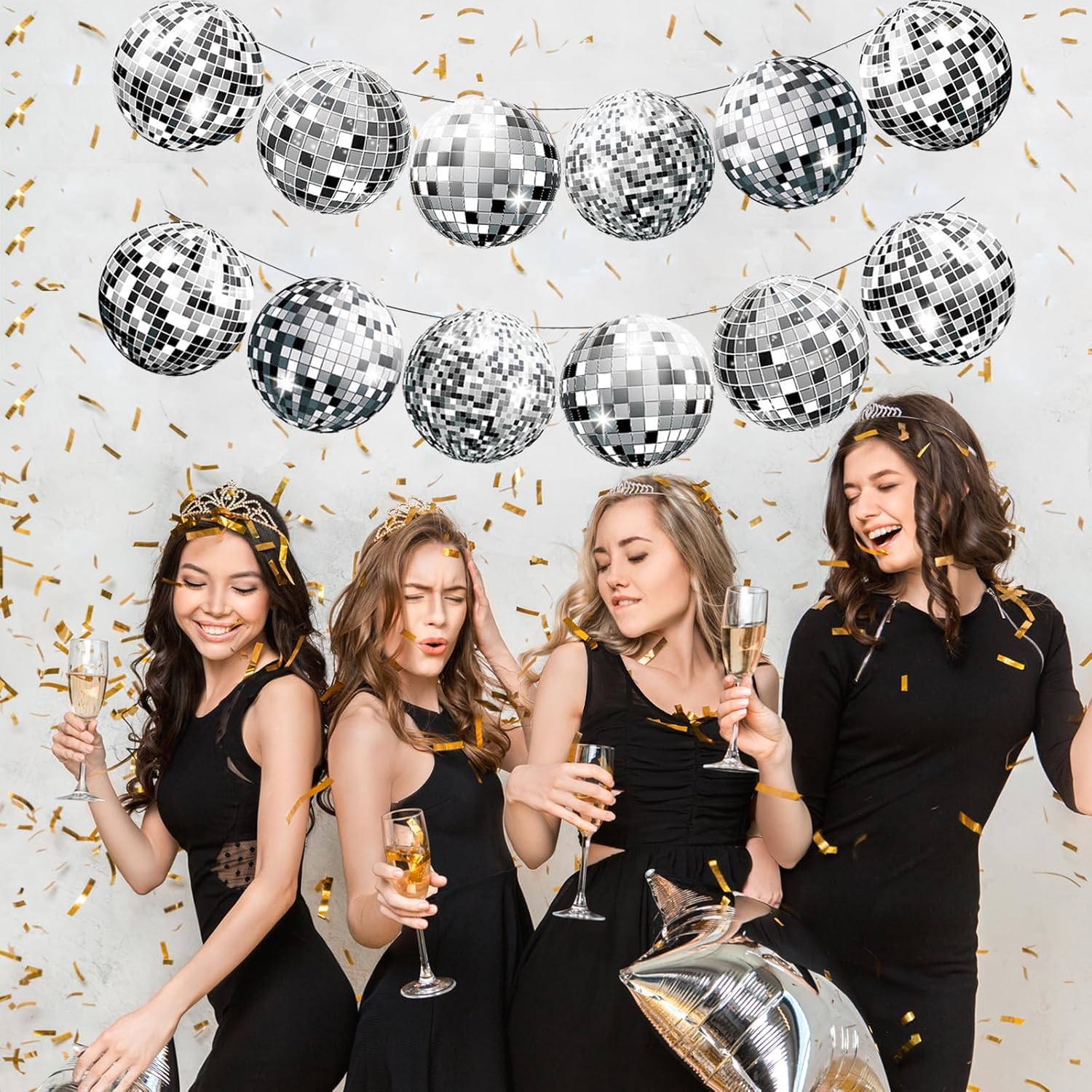 Guirlande de Décoration Disco, 2 Bannières de Boules à Paillettes Argentées+6 Spirales Suspendues, Guirlande de Décoration Disco Spirales, Décoration de Plafond de Fête Style Années 70, 80 et 90