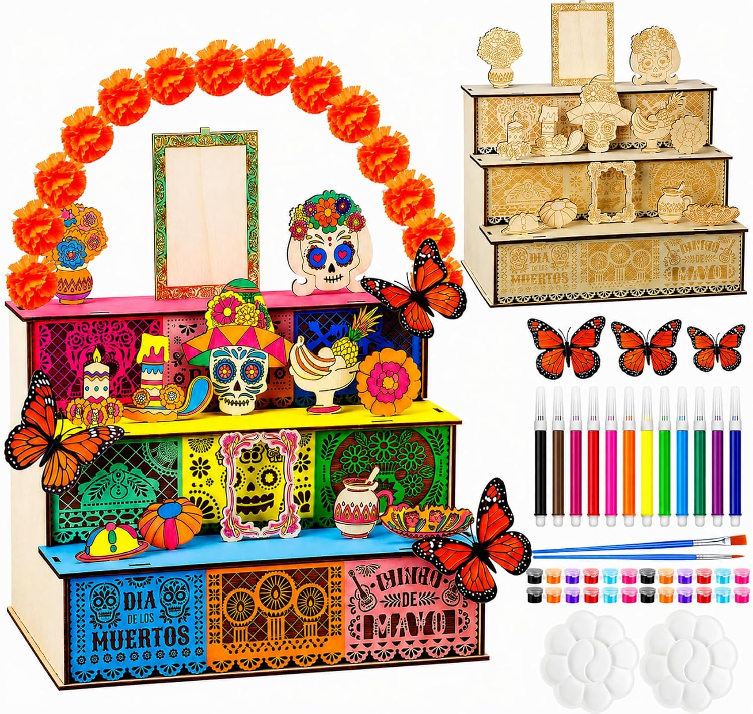 Eaasty 54 Pcs Day of the Dead Altar Set with Wooden Ofrenda Shadow Box