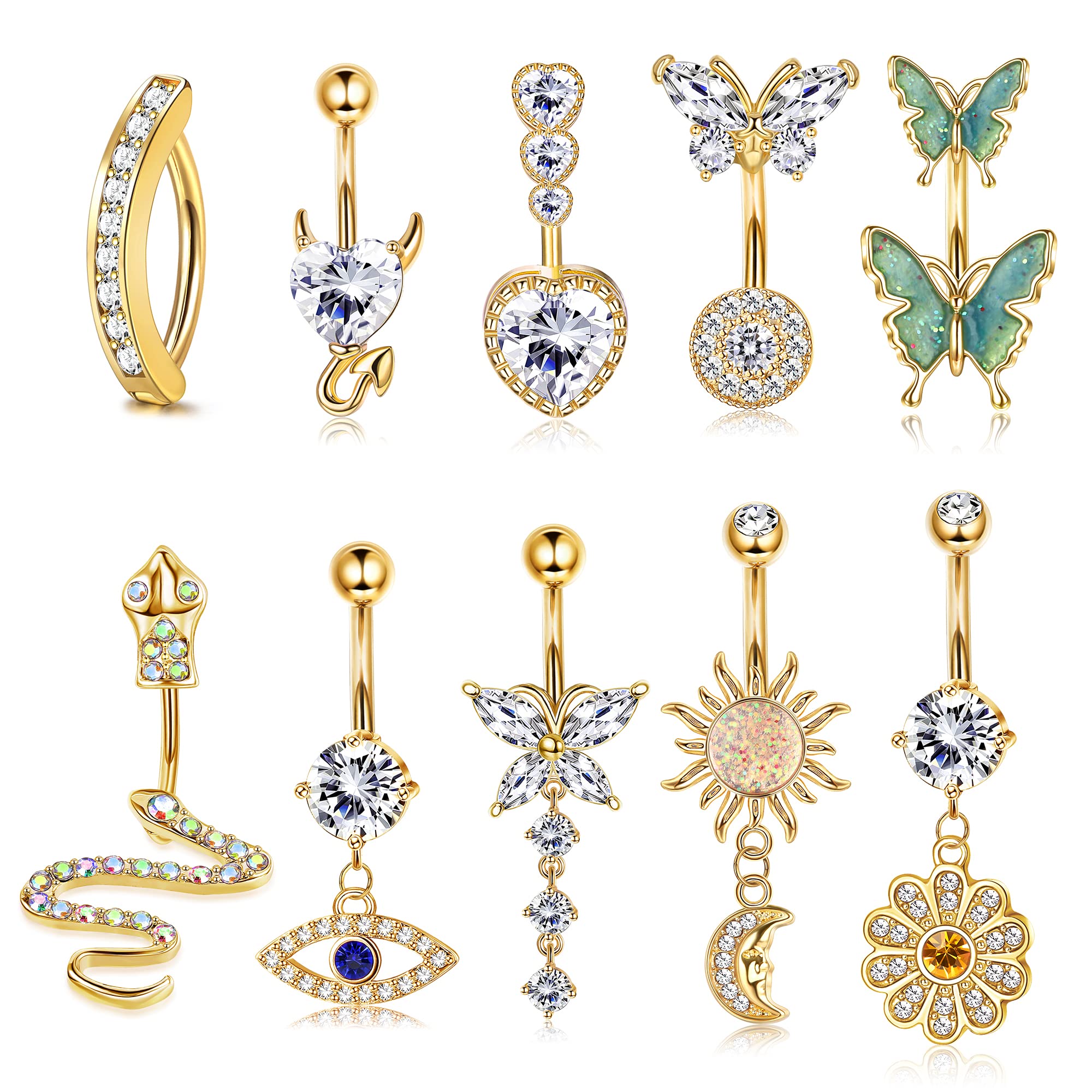 CASSIECA 14G Barras Ombligo Clicker Anillo de Ombligo Acero quirúrgico Serpiente Mal de Ojo Corazón CZ Mariposa Flor Anillo de Ombligo Inverso Simple Colgar Barra de Ombligo Piercing Joyería Corporal