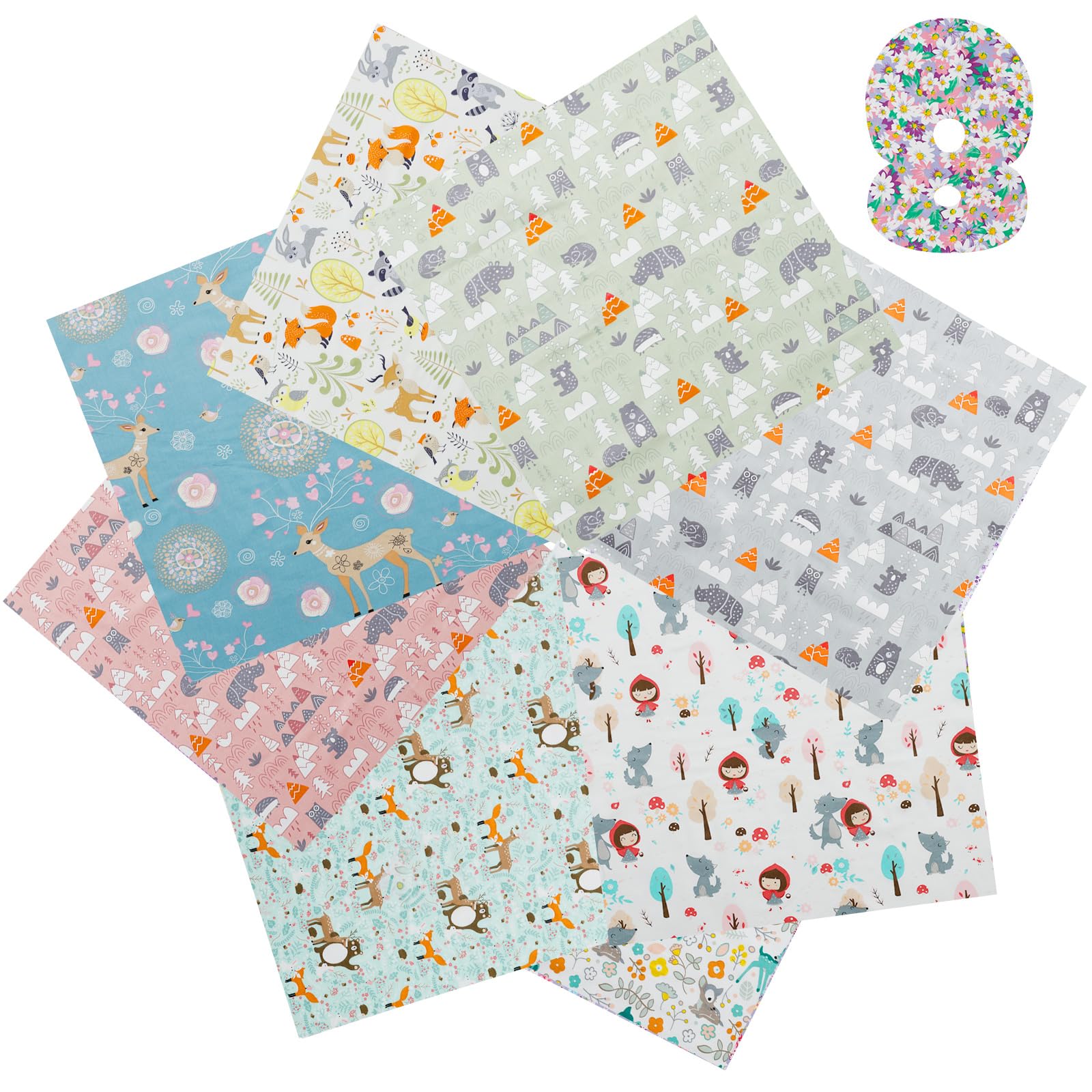 8Pcs Fat Quarters Fabric Bundles, 50x50cm Precut Cotton Quilting Fabric Sheet for Quilting Projects,Soft Natural Material for Sewing, DIY Crafts, Patchwork, Home Decor ﻿(White -Green)