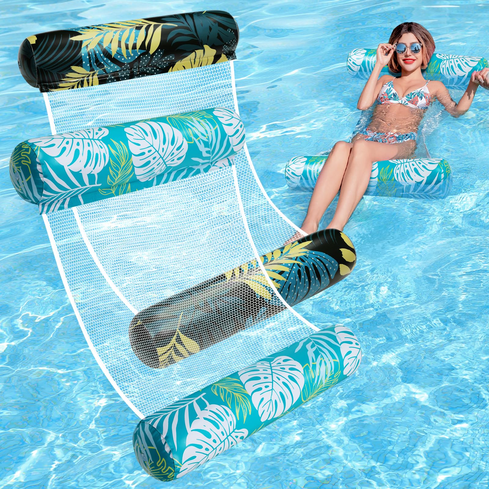 Pool Floats Adult, 2 Pack Inflatable Pool Floats, 4-in-1 Multi-Purpose Rafts Lounger Water Hammock for Swimming Pool, Thick PVC Pool Floaties for Adults Vacation