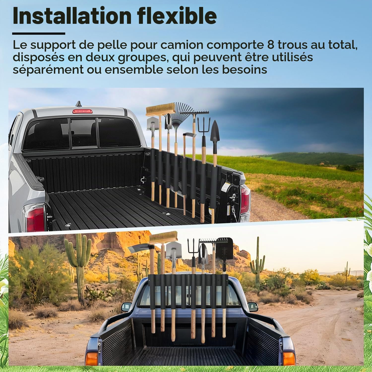 Support de pelle à 8 trous pour camion, support de pelle en métal avec 8 trous en 2 groupes, porte-outils de remorque robuste pour tondeuse, râteau, pelouse, outils à main paysagers