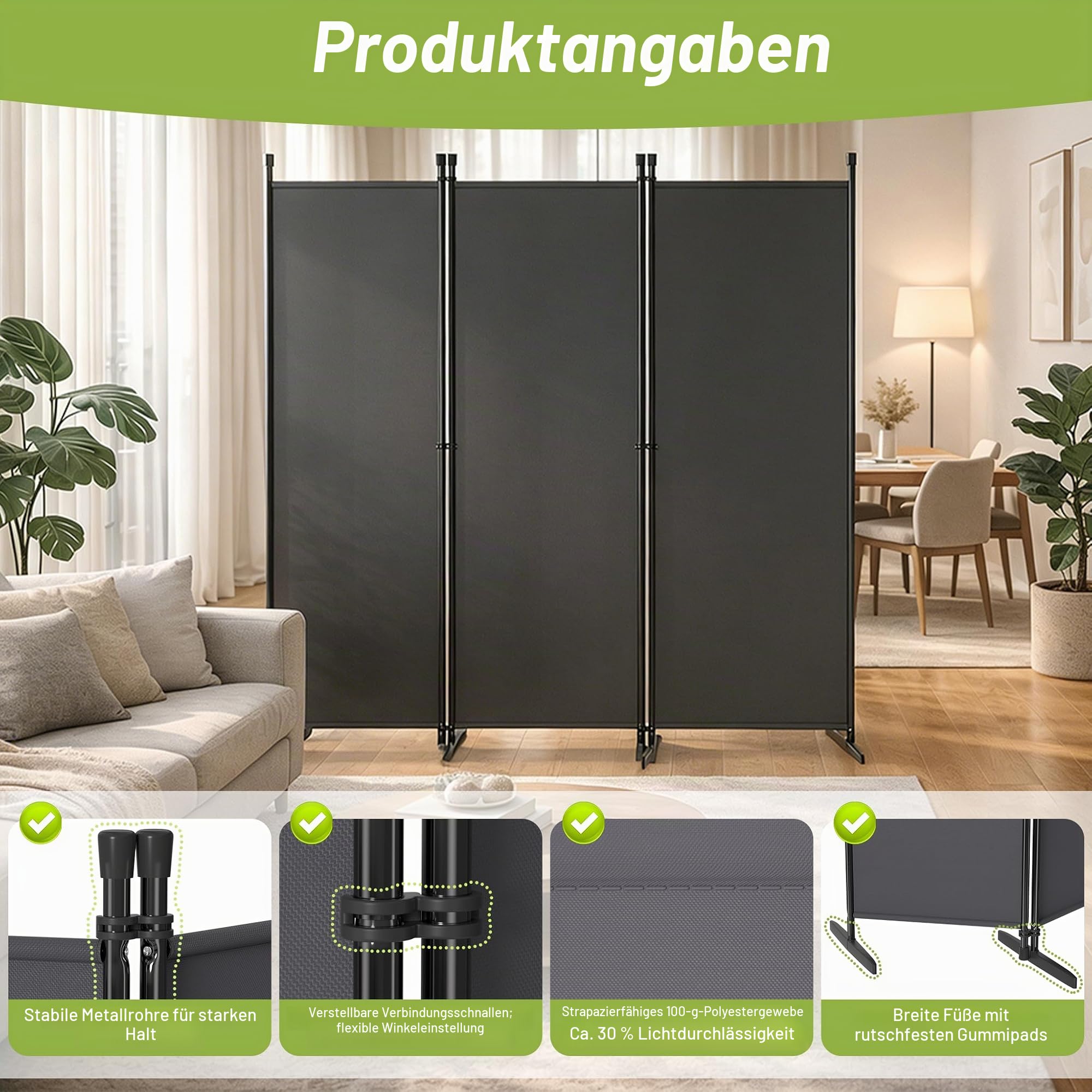UISEBRT Trennwand Raumteiler innen 5 Teilig 250 x 180 cm,Paravent Outdoor wetterfest stabil mit Heringen & Abspannleinen,Raumtrenner Spanische Wand sichtschutz Balkon Garten,Dunkelgrau