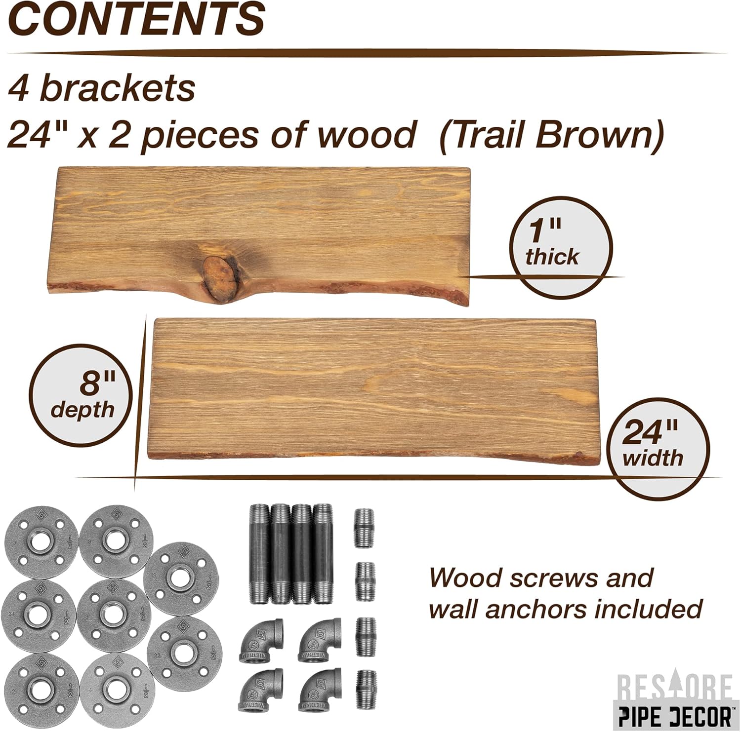 PIPE DECOR 24” Trail Brown Live Edge Wood Shelf with Industrial L-Shaped Pipe Brackets (2-Pack)